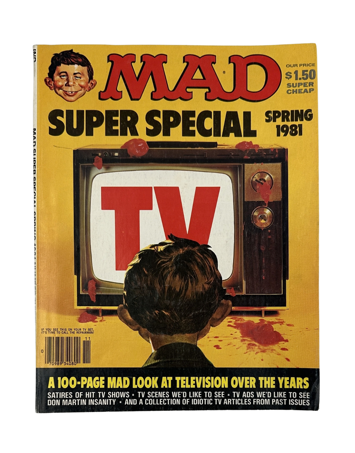 Cover of MAD Magazine Super Special No. 34 Spring 1981, featuring a boy in front of a TV with the word 'TV' prominently displayed in red, emphasizing its focus on television satire.