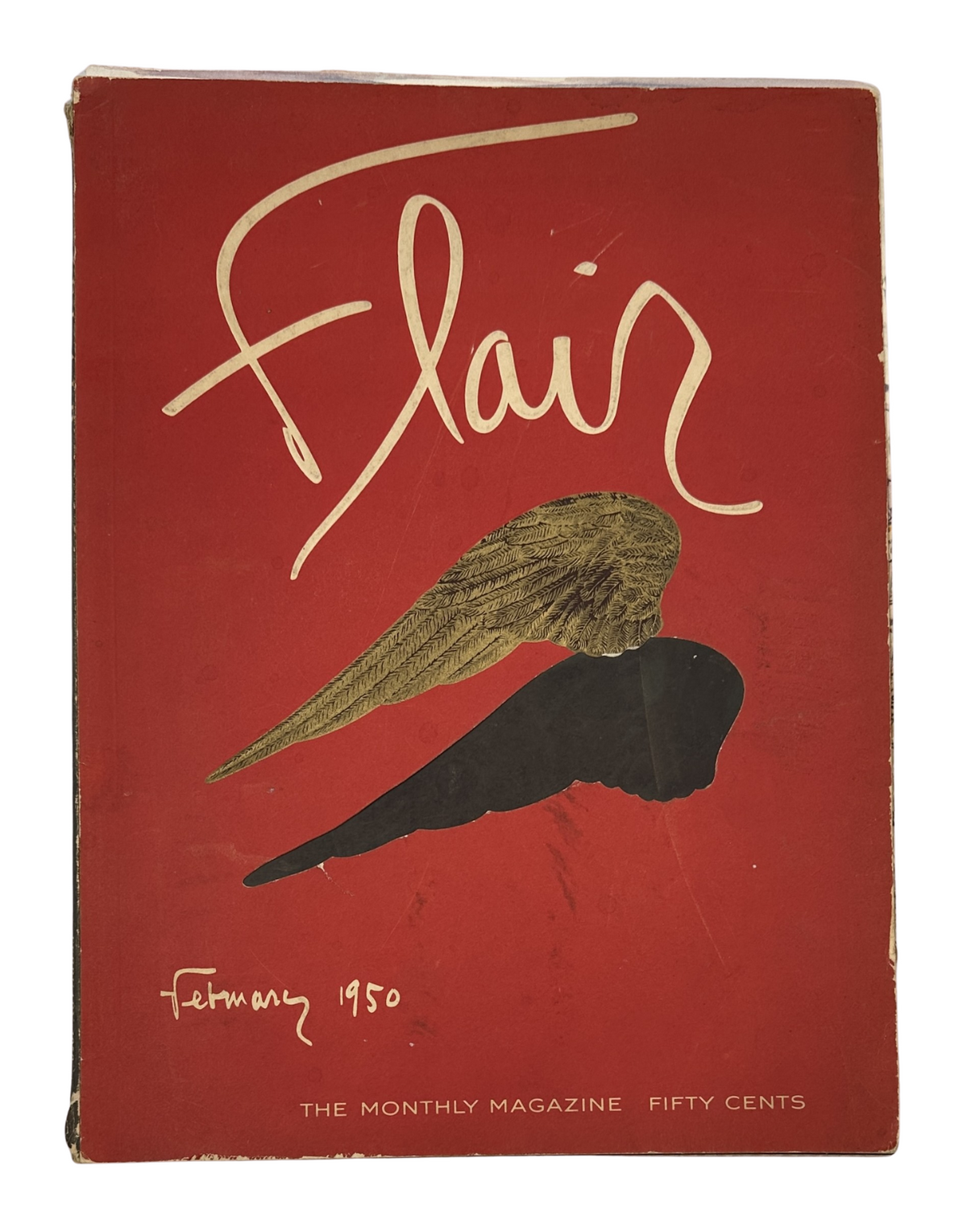 Cover of Flair Magazine February 1950 depicting artistic wing illustrations, highlighting the unique design of the vintage publication.