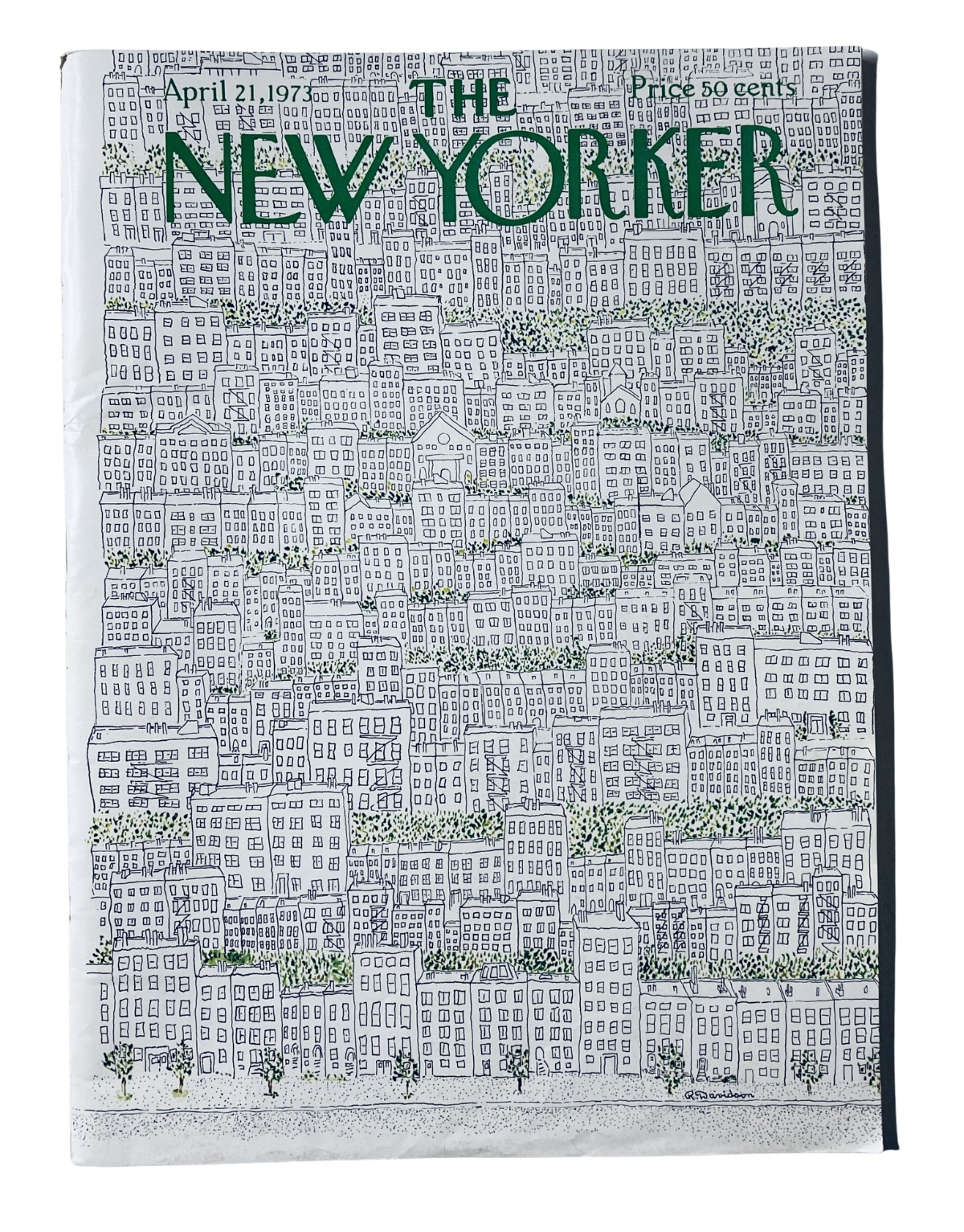 The New Yorker Magazine cover from April 21, 1973 featuring a detailed illustration of city buildings by R. Davidson, with a price of 50 cents.