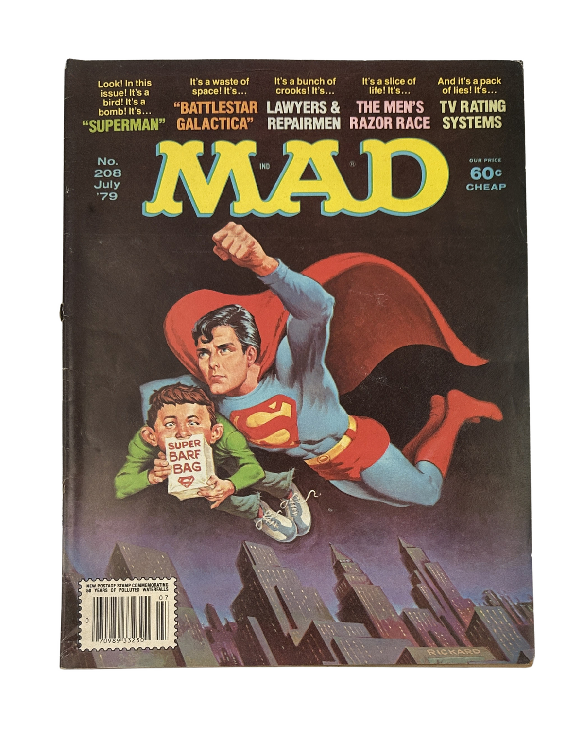 MAD Magazine No. 208 July 1979 cover featuring a parody of Superman with the character 'Superduperman' flying over a city skyline.