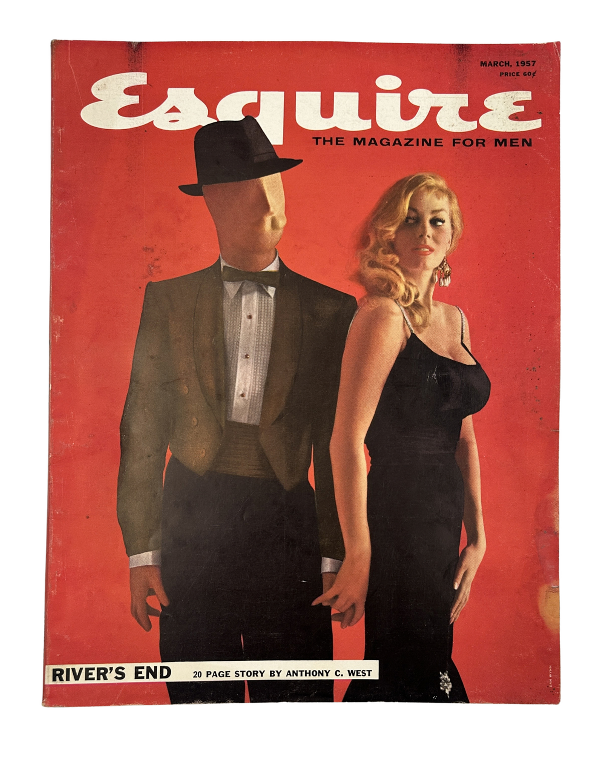 Esquire Magazine March 1957 cover featuring a stylized illustration of a man in a tuxedo and a glamorous woman in a black dress, promoting the story 'River's End' by Anthony C. West.