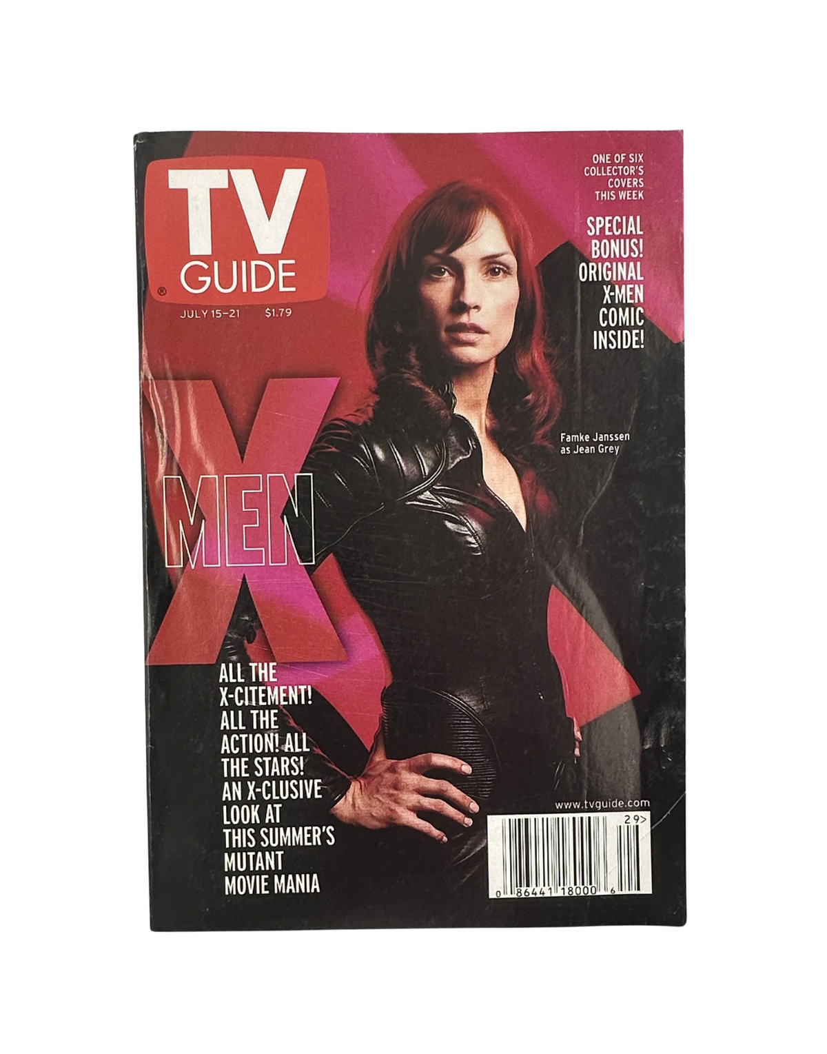 TV Guide Magazine July 15, 2000 featuring Famke Janssen as Jean Grey on the cover. The magazine highlights the X-Men movie with details about the star cast and exclusive content.