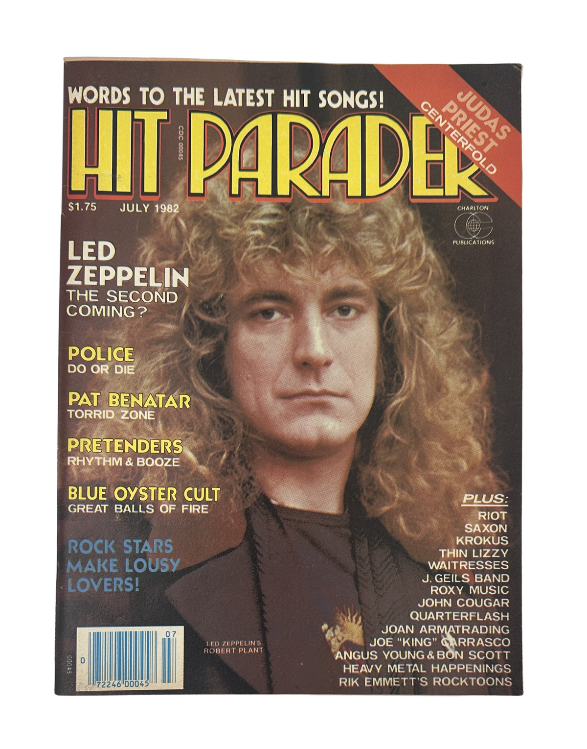 Hit Parader Magazine July 1982 featuring Led Zeppelin on the cover, showcasing the headline 'The Second Coming.' Includes images of artists like The Police and Pat Benatar.