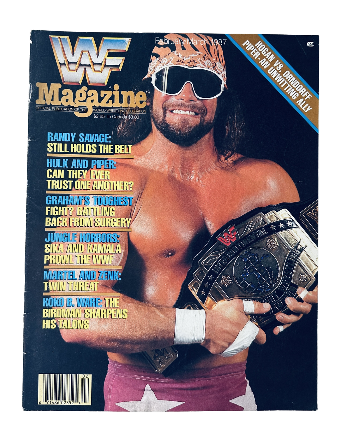 WWF Magazine February/March 1987 featuring Randy Savage on the cover, showcasing him with the championship belt and wearing sunglasses, highlighting wrestlers Hulk Hogan, Roddy Piper, and other iconic wrestling figures.