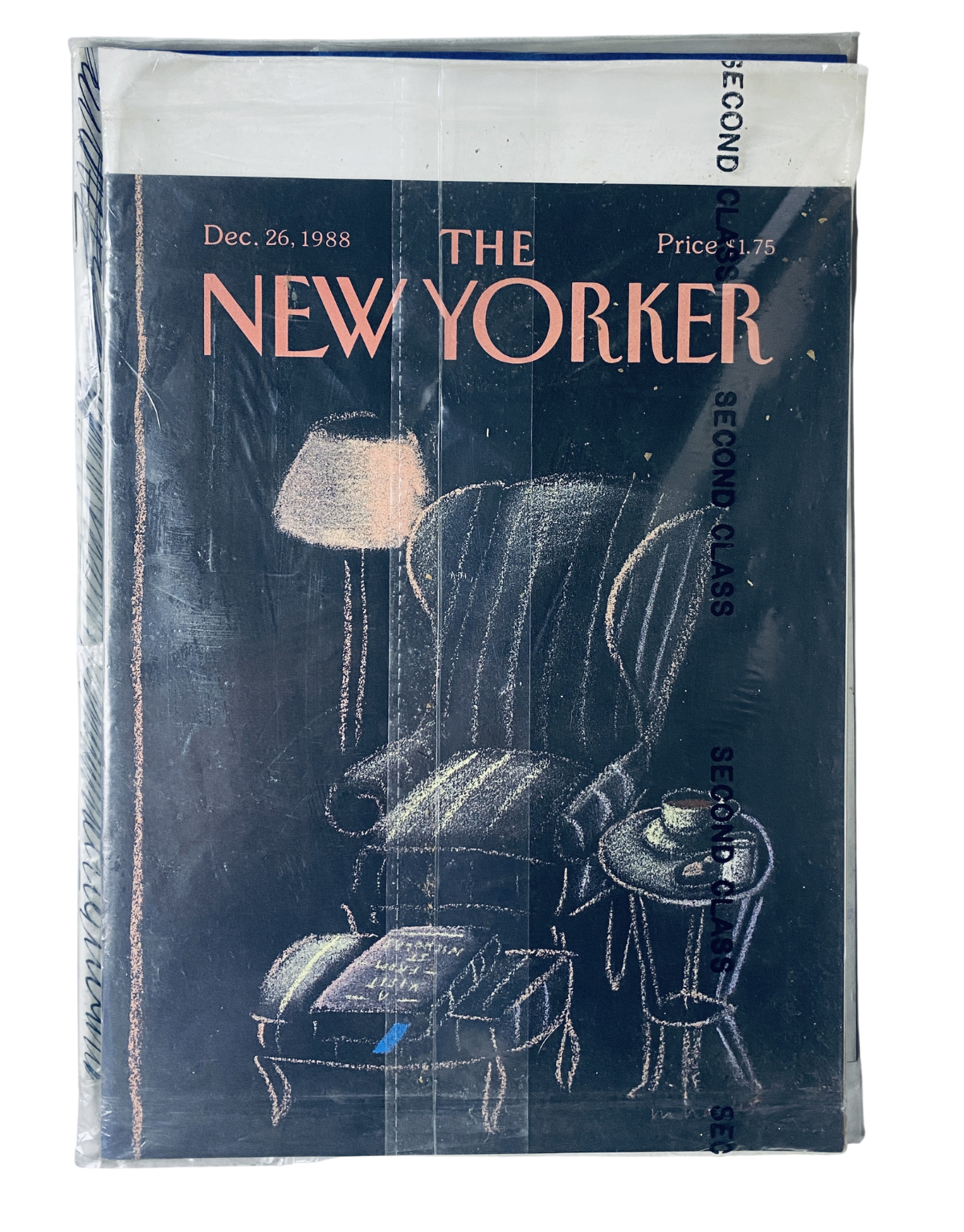 Sealed vintage copy of The New Yorker magazine, December 26, 1988 featuring an armchair lamp interior cover, in mint condition and protected by original plastic wrap.