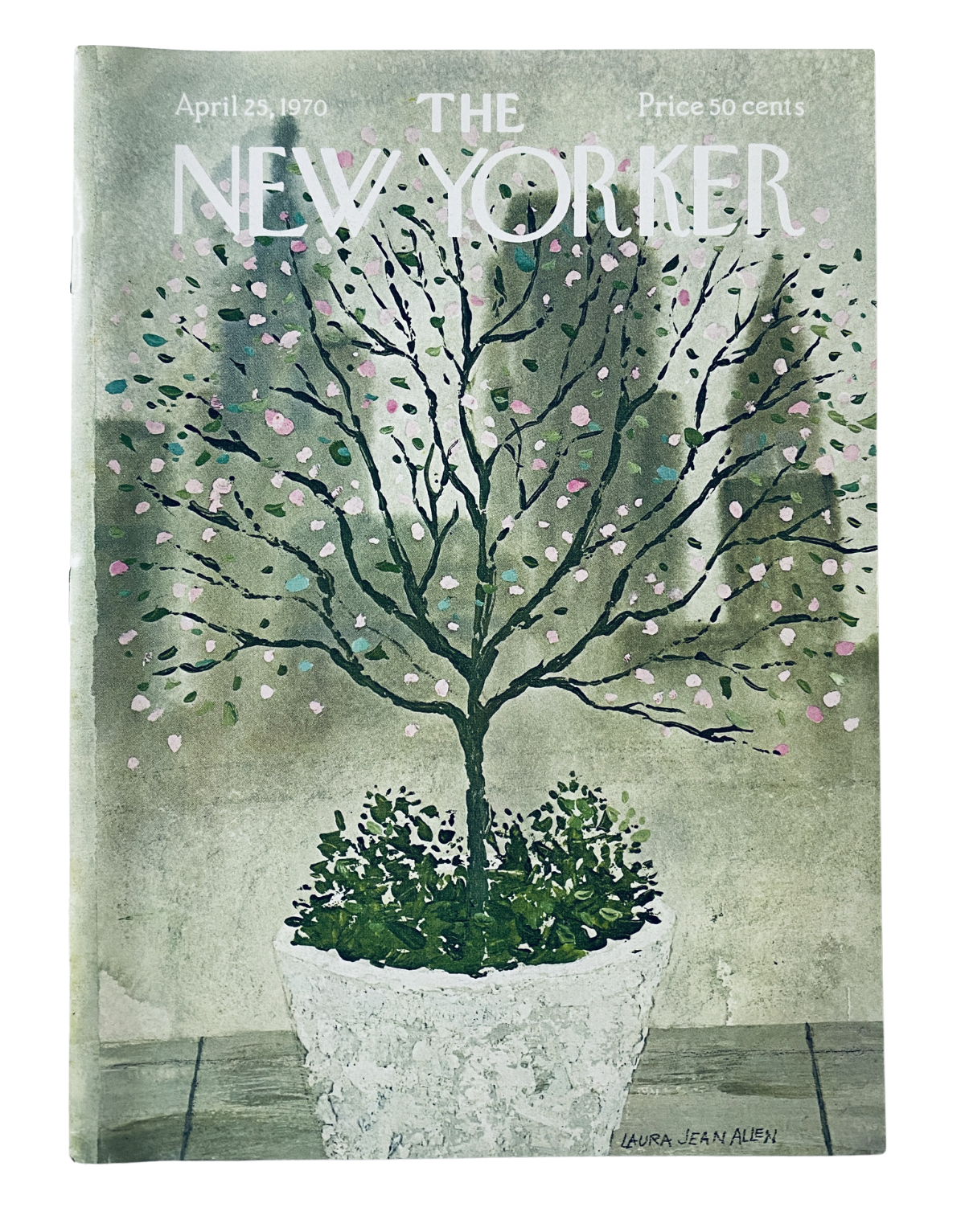 Cover of The New Yorker Magazine, April 25, 1970 by Laura Jean Allen, featuring a blossom tree illustration in a decorative pot.