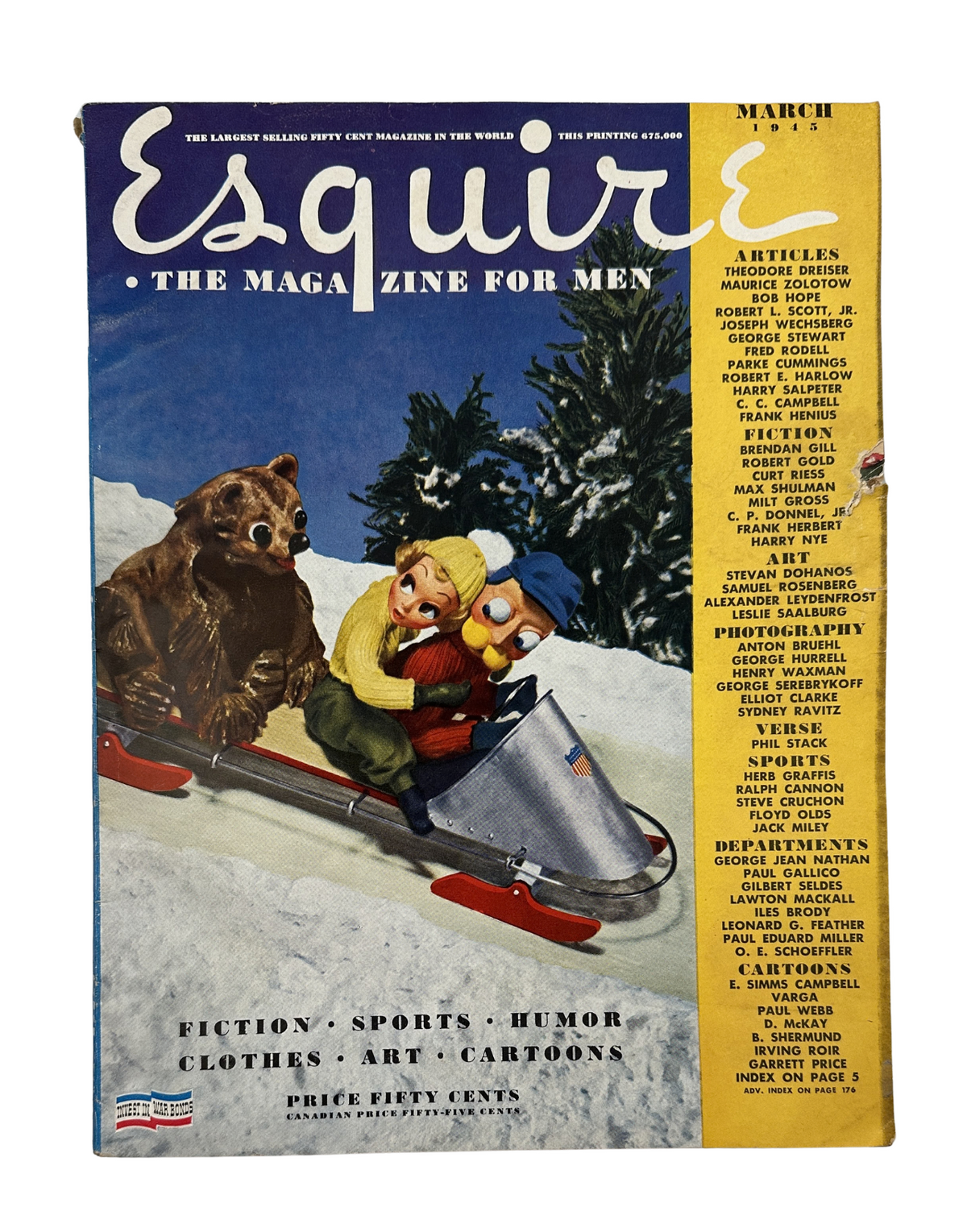 March 1945 Esquire Magazine cover featuring a playful illustration of a girl and a bear on a sled, highlighting wartime themes with a Varga foldout artwork.
