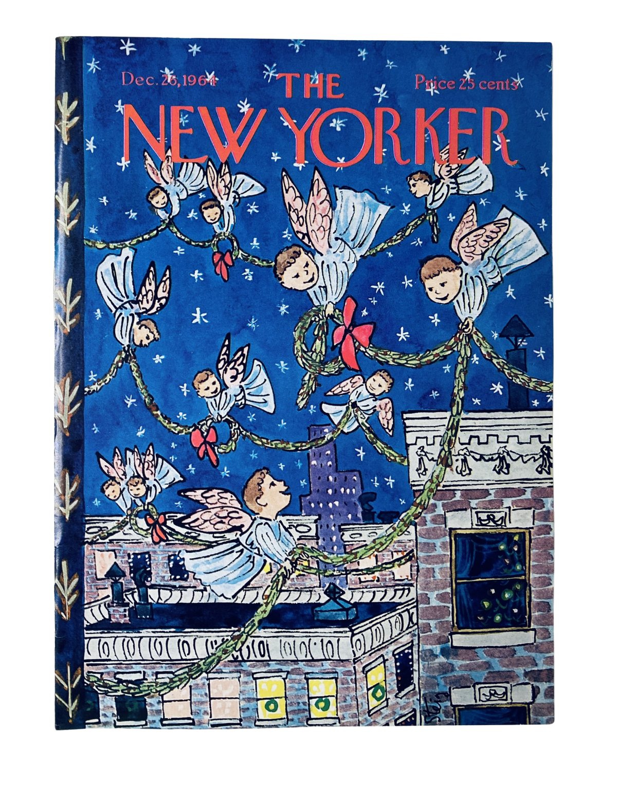 The New Yorker Magazine December 26, 1964 cover featuring whimsical Christmas angels on a rooftop, showcasing bright colors and festive decorations.