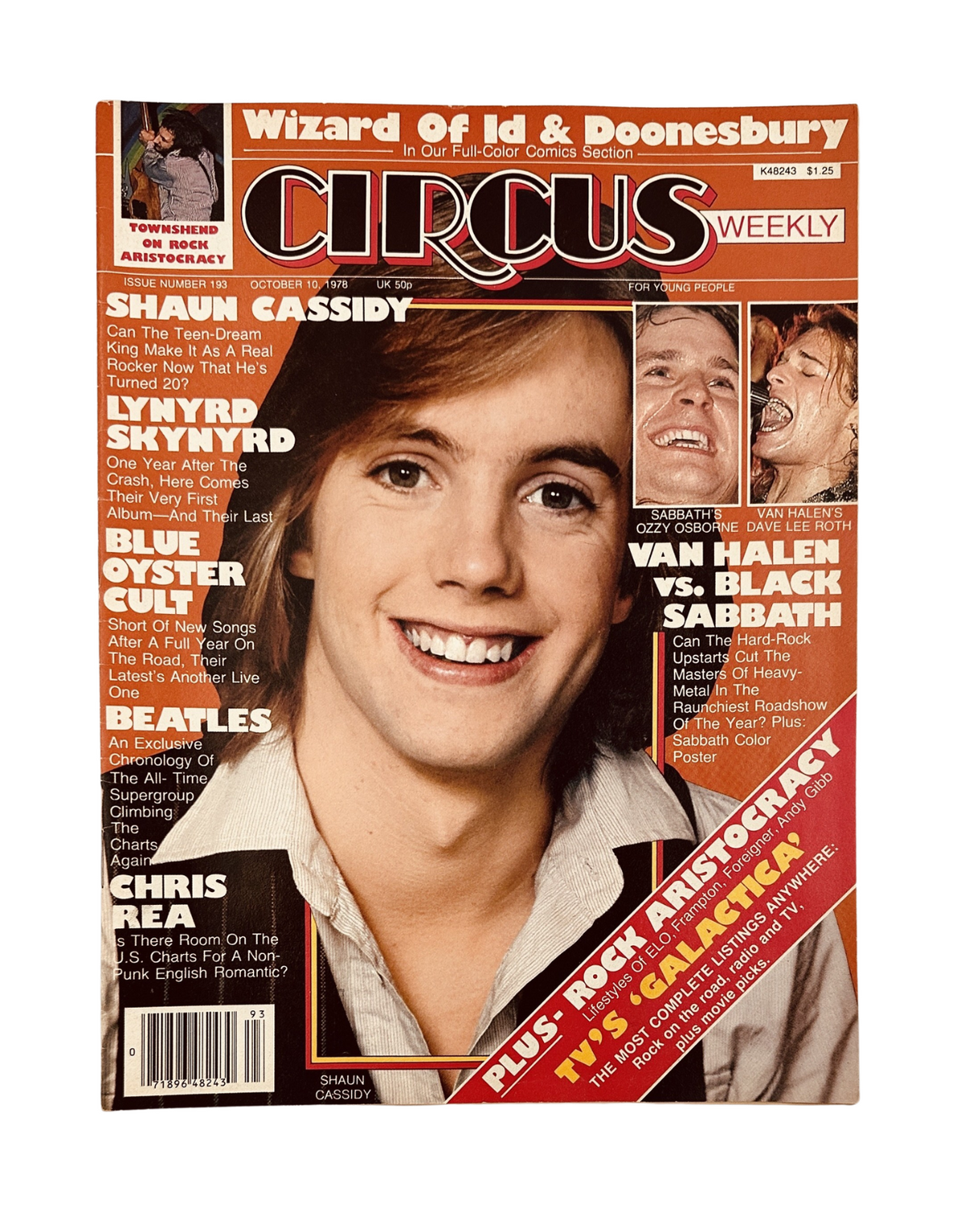 Circus Weekly Magazine cover from October 10, 1978 featuring Shaun Cassidy, Lynyrd Skynyrd, Van Halen, and Black Sabbath, highlighting music and pop culture.