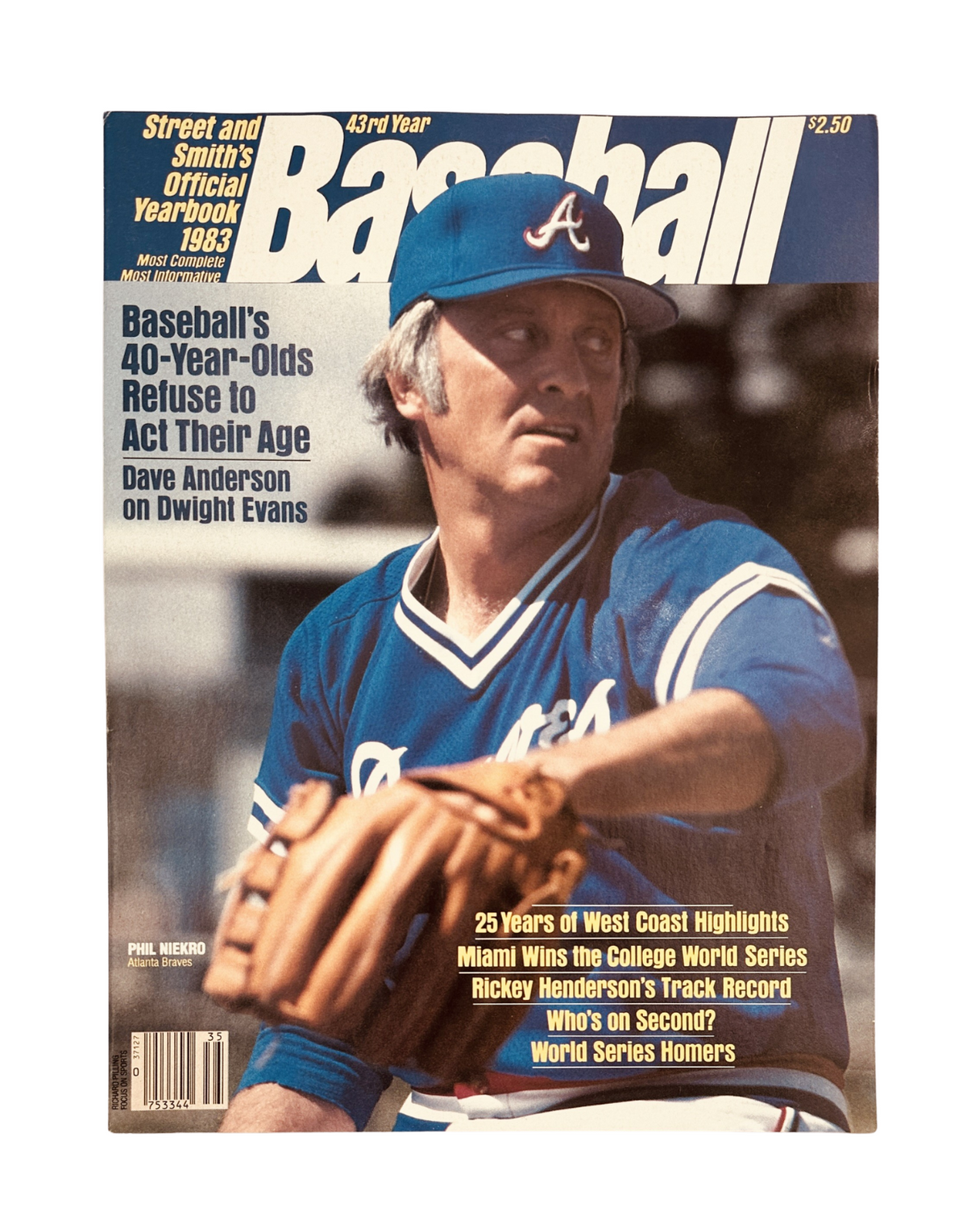 Street and Smith’s Baseball Magazine 1983 Yearbook featuring Phil Niekro of the Atlanta Braves on the cover, showcasing his athletic pose in a classic blue team uniform.