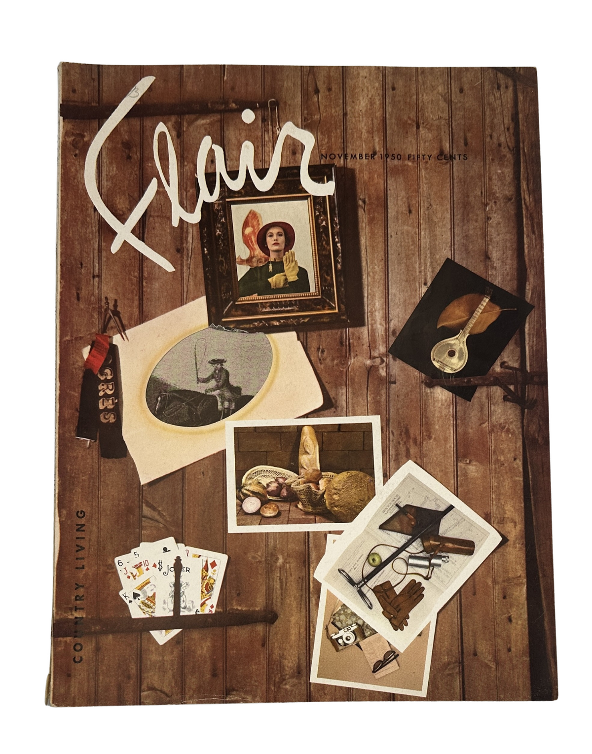 Cover of Flair Magazine, November 1950, featuring themes on Japan, foxhunting, and an artistic layout with vintage imagery and decorations.