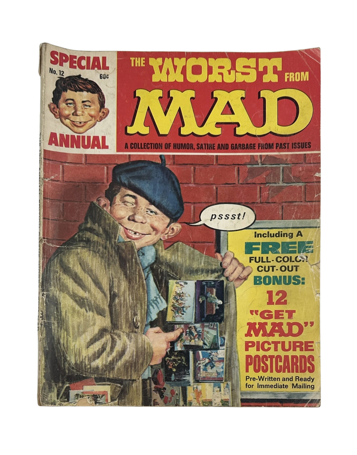 Cover of MAD Magazine Special No. 12, 1973 featuring Alfred E. Neuman, with the title 'The Worst From MAD'. The image showcases vibrant colors, playful artwork, and highlights a bonus of 12 'Get MAD' picture postcards.