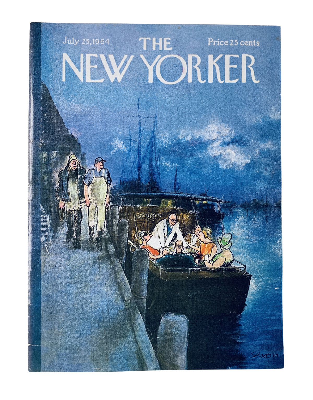 Cover of The New Yorker magazine from July 25, 1964 featuring a fishing boat harbor illustration by C. D. Saxon, showing people fishing and a scenic waterfront at nighttime.