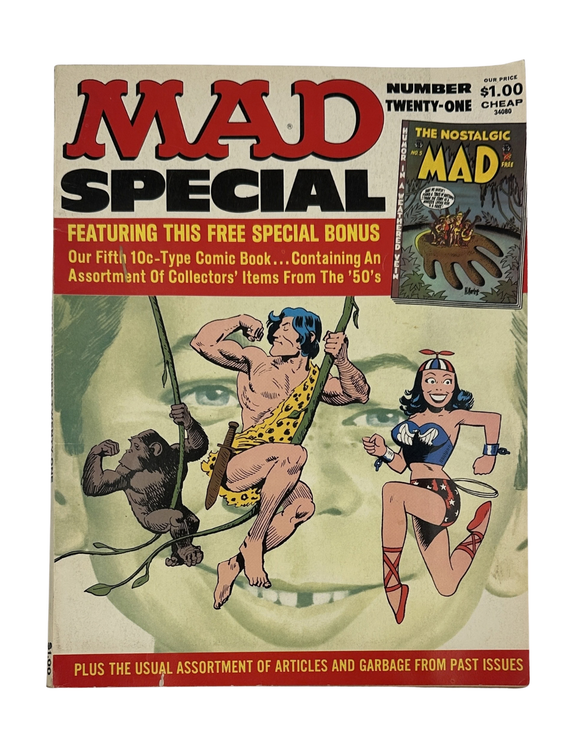 Cover of MAD Magazine Super Special No. 21 from 1976, featuring vibrant illustrations and characters, showcasing a nostalgic collection of 10¢ comic bonuses and highlighting its contents related to collector items from the 1950s.