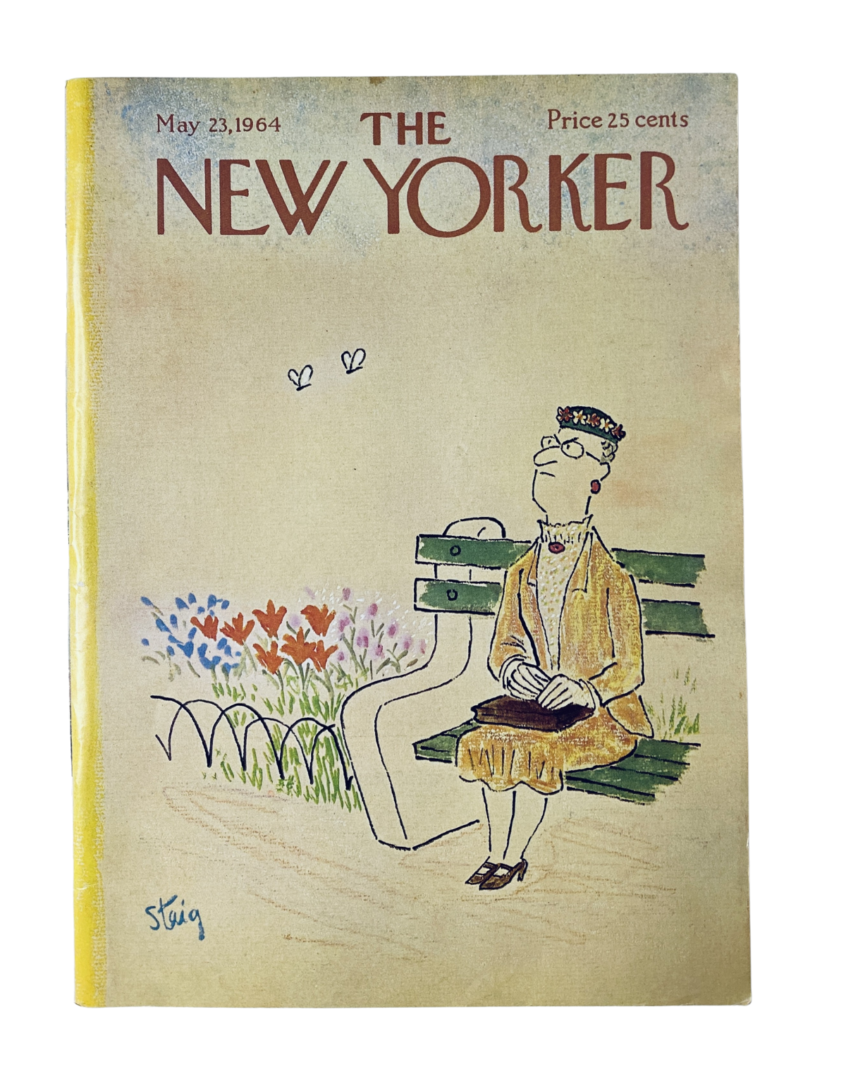 The New Yorker Magazine May 23, 1964 featuring a whimsical illustration on the cover by William Steig, depicting a character sitting on a park bench surrounded by flowers.