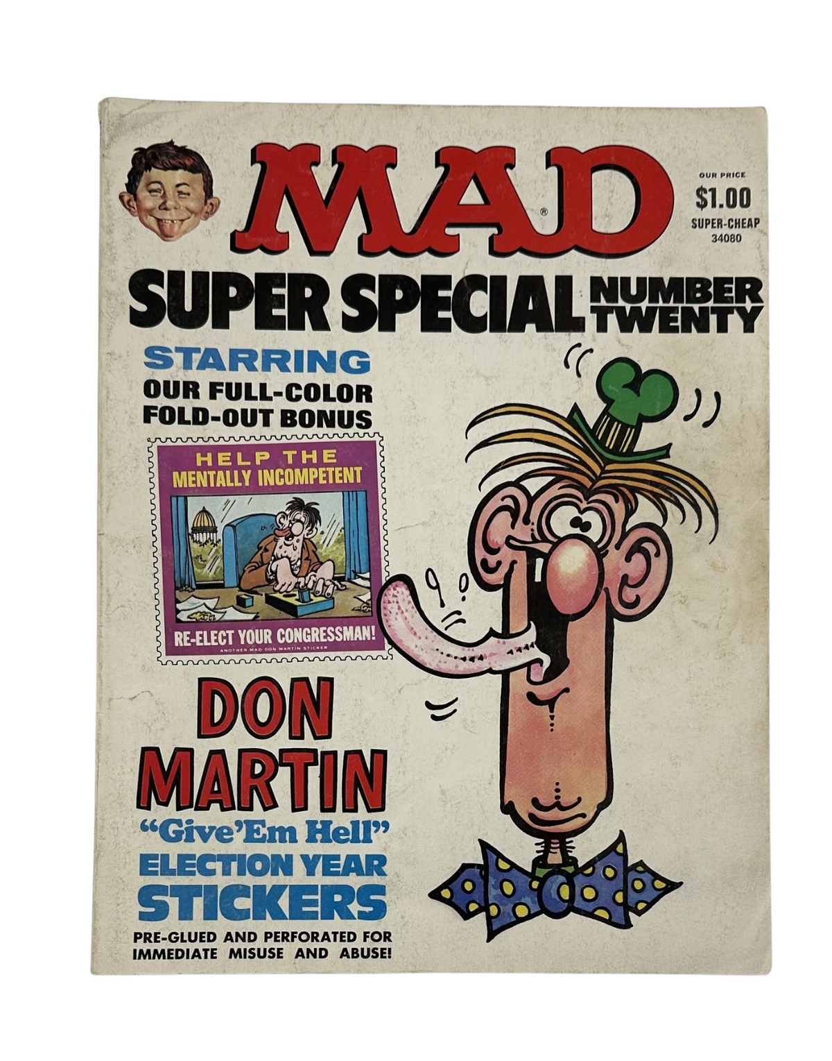 Cover of MAD Magazine Super Special No. 20 from 1976 featuring Don Martin's Election Year Stickers. The cover displays a humorous cartoon character and promotional text urging readers to support their congressman.