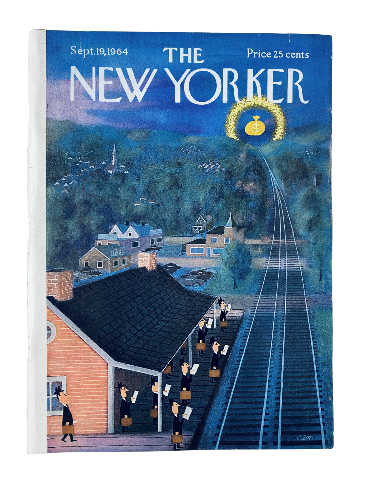 The New Yorker Magazine September 19, 1964 cover featuring a train station scene, showcasing commuters and a scenic railway view, priced at 25 cents. This vintage magazine is in very good condition with light edge wear.