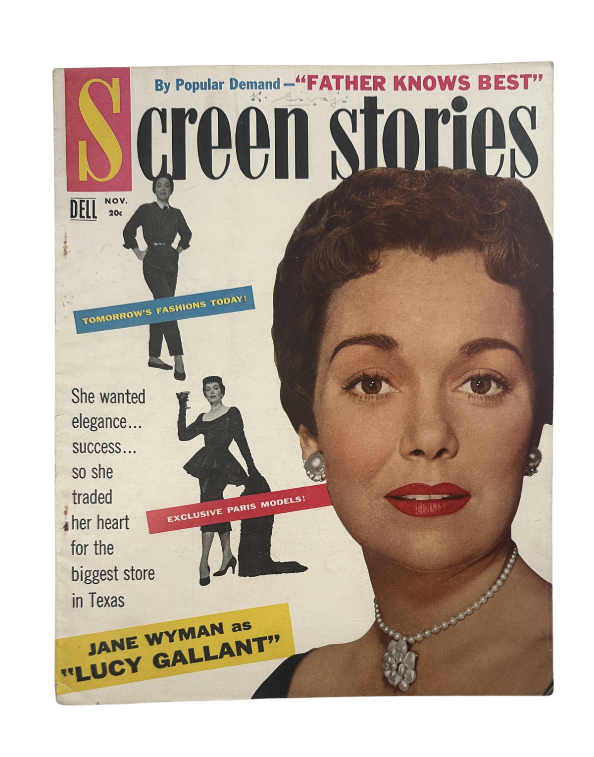 Cover of Screen Stories Magazine November 1955 featuring Jane Wyman as Lucy Gallant, showcasing vintage fashion and elegance.