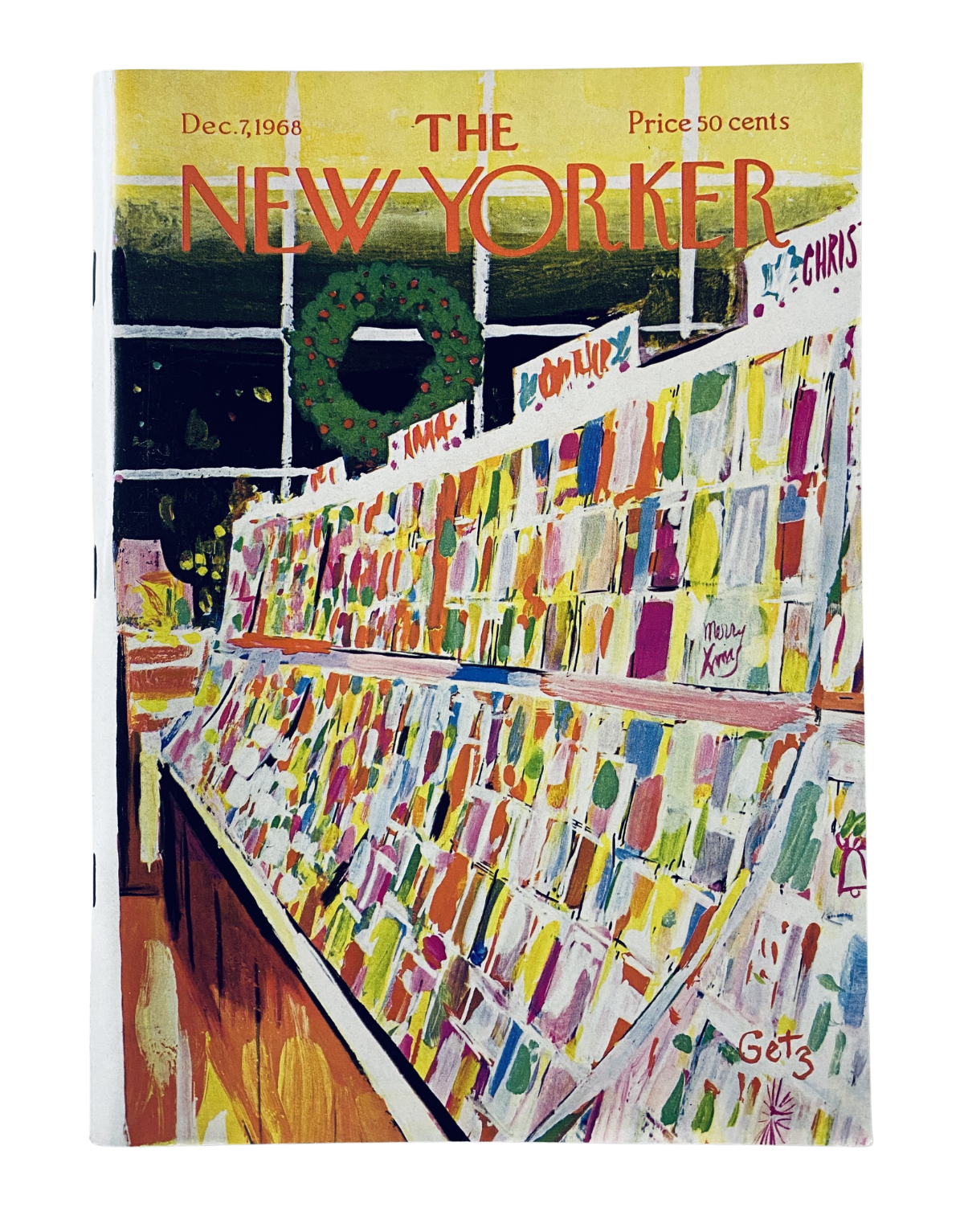 The New Yorker Magazine December 7, 1968 cover featuring an illustration by Arthur Getz depicting a vibrant Christmas scene with a display of colorful holiday cards, showcasing festive decorations and a wreath, ideal for collectors and vintage magazine enthusiasts.