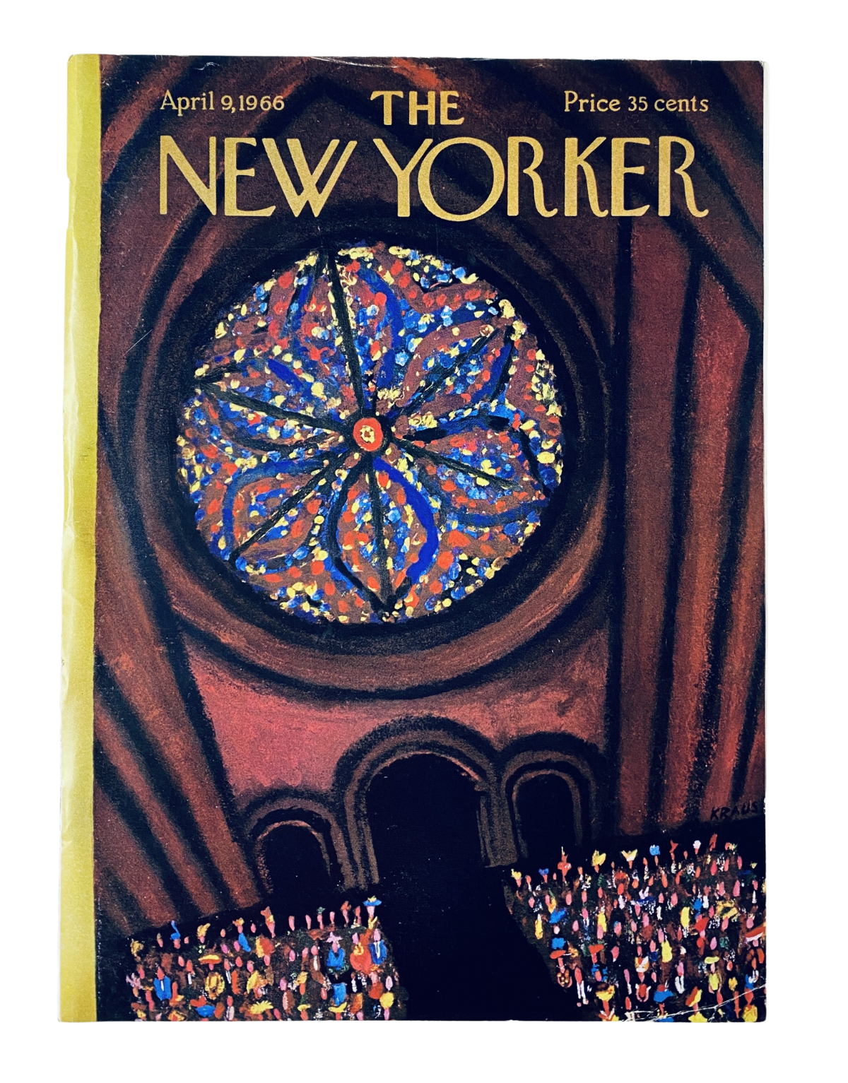 The New Yorker Magazine cover from April 9, 1966, featuring a vibrant stained glass window design and a crowd, price marked at 35 cents.