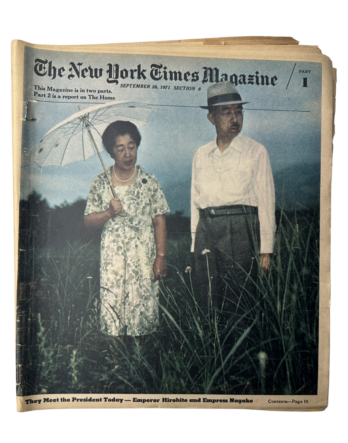 Cover of The New York Times Magazine from September 26, 1971 featuring Emperor Hirohito and Empress Nagako strolling through a meadow near their villa north of Tokyo, highlighting their meeting with President Nixon in Alaska.