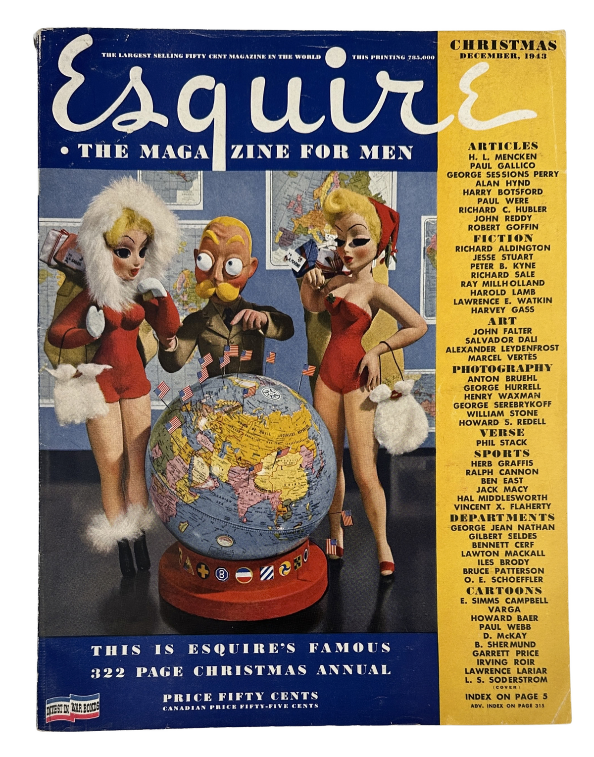 Esquire Magazine December 1943 Christmas Issue featuring vintage artwork of pinup girls around a globe, showcasing the festive theme of the 322-page annual publication.