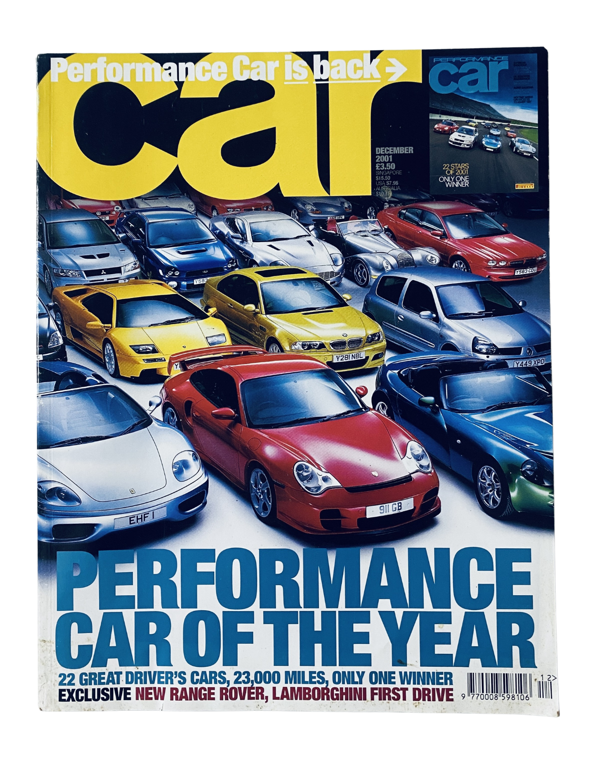 CAR Magazine December 2001 cover featuring the Performance Car of the Year title, showcasing a collection of 22 great driver's cars including the new Range Rover and Lamborghini with a vibrant car lineup.