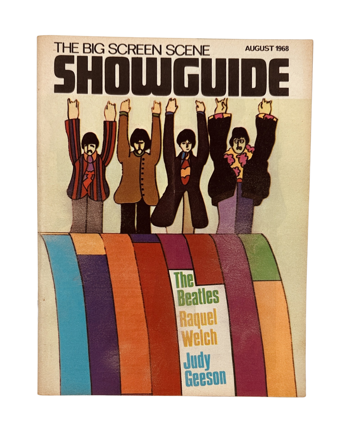 Cover of Showguide Magazine August 1968 featuring The Beatles, Raquel Welch, and Judy Geeson, highlighting the vibrant pop culture of the late 1960s.