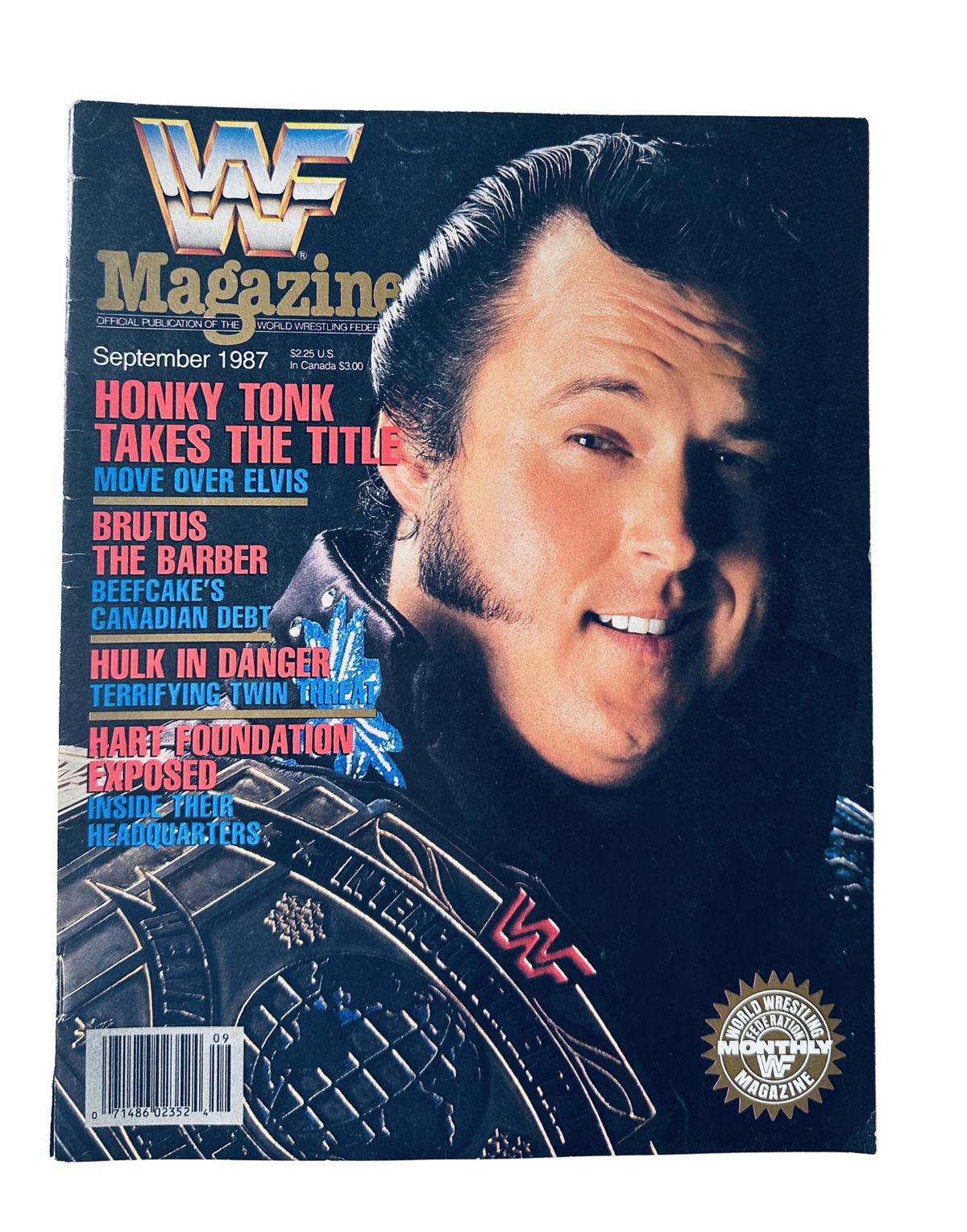 Cover of WWF Magazine from September 1987 featuring the Honky Tonk Man, highlighting title wins and wrestling news.
