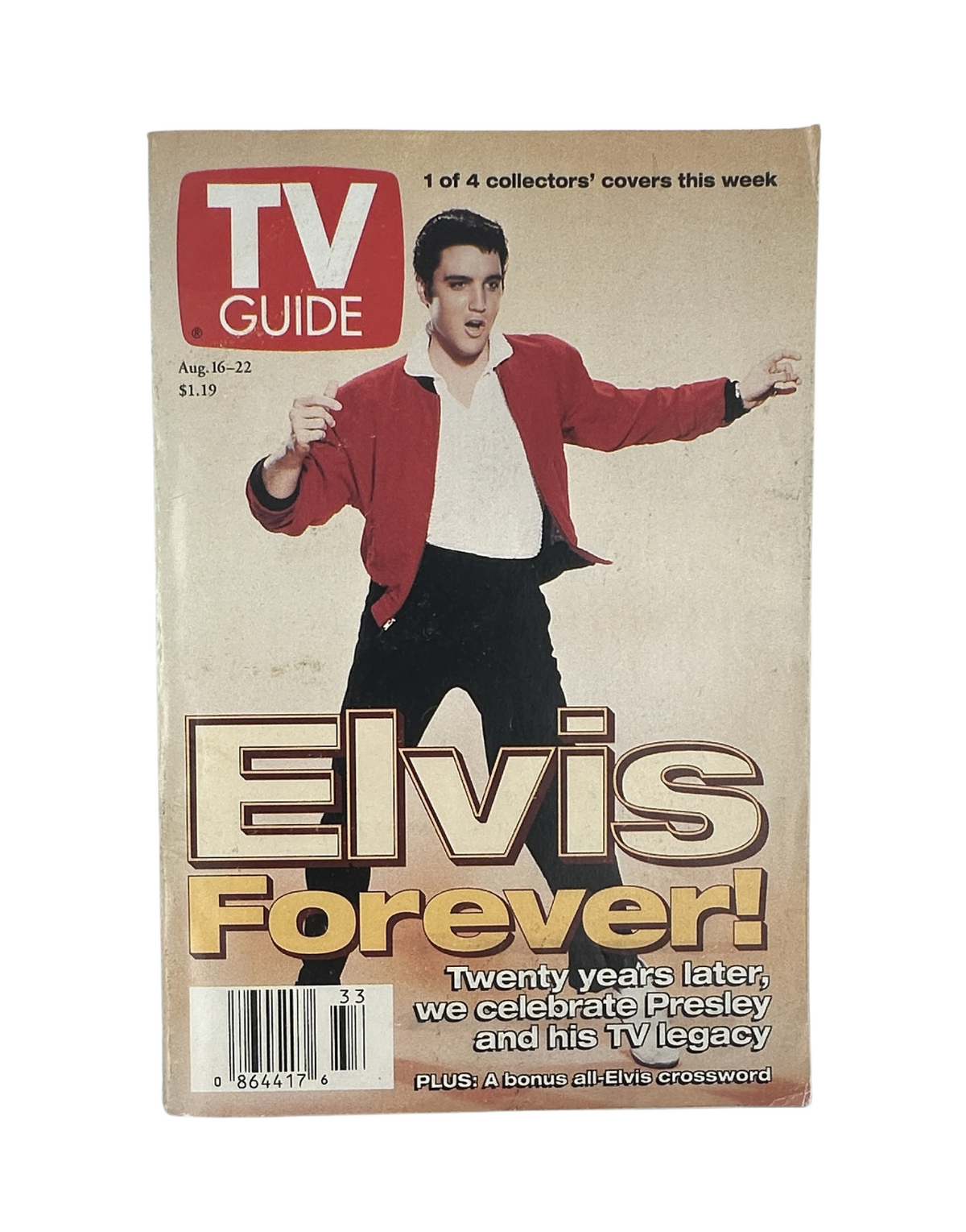 Cover of TV Guide Magazine dated August 16-22, 1997, featuring the title 'Elvis Forever!', celebrating Elvis Presley and his television legacy, with a vibrant image of Elvis in a red jacket.