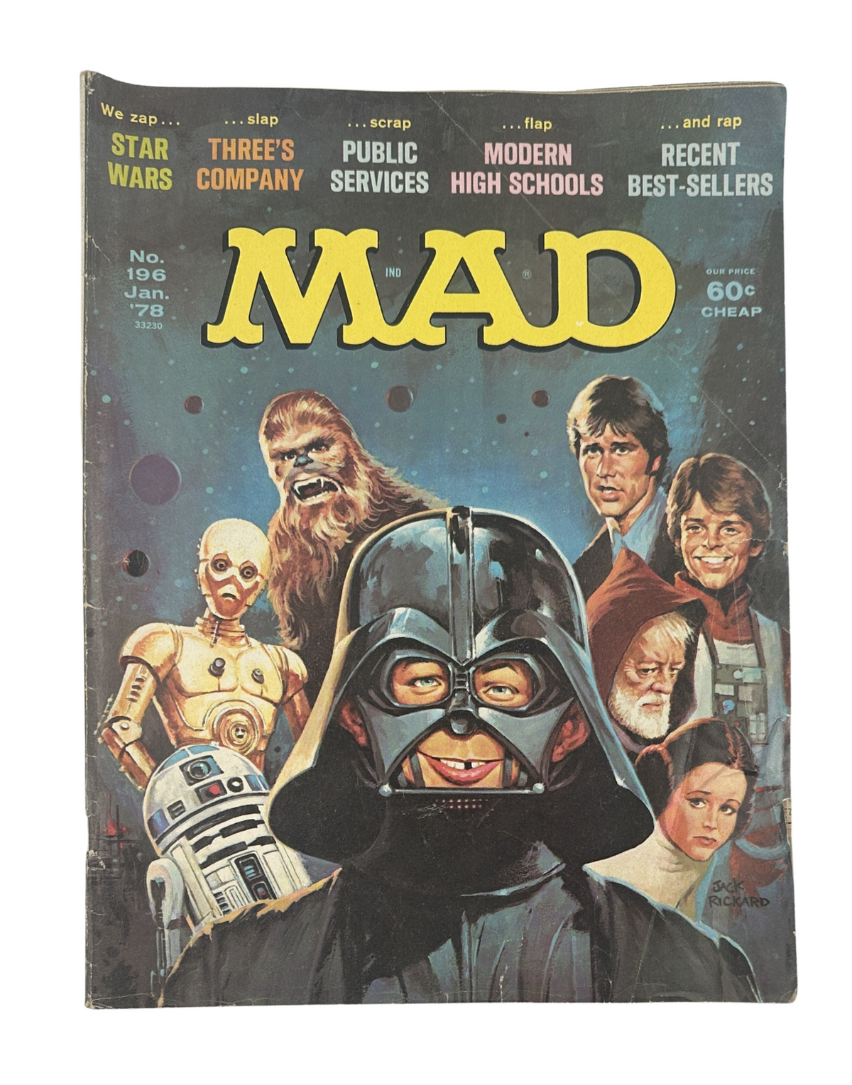 MAD Magazine No. 196 January 1978 cover featuring iconic characters including Darth Vader, Chewbacca, and others, showcasing humor and satire related to Star Wars and popular culture.
