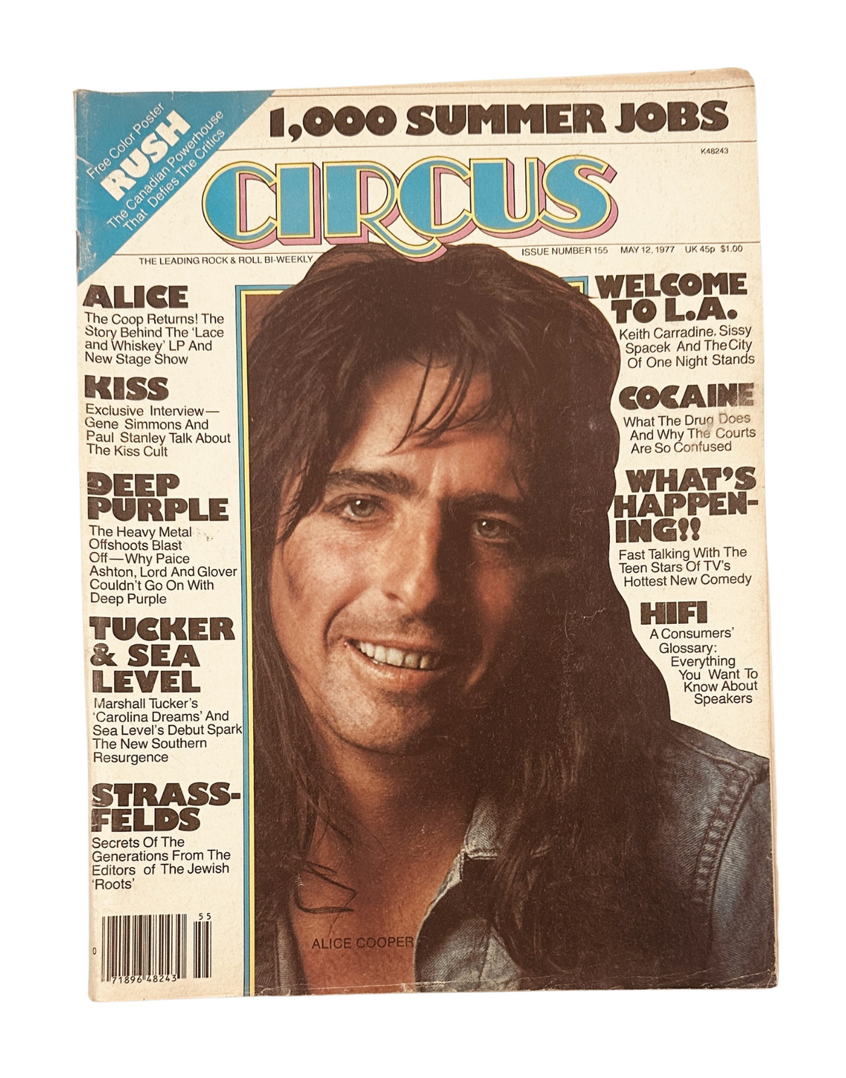 Circus Magazine cover from May 12, 1977 featuring Alice Cooper, Kiss, and Deep Purple. The cover highlights notable articles and showcases an image of Alice Cooper. This vintage rock magazine is in very good condition.