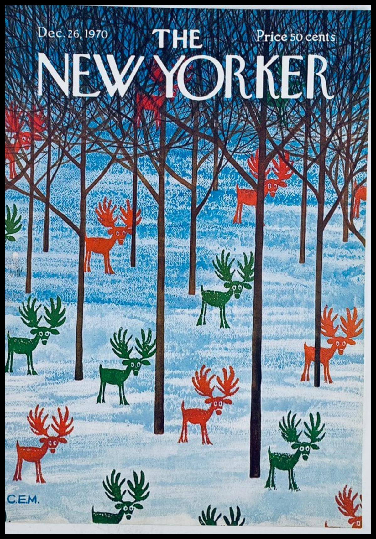 Cover of The New Yorker December 26, 1970 featuring vibrant red and green reindeers in a snowy landscape, artwork designed by Charles Martin.