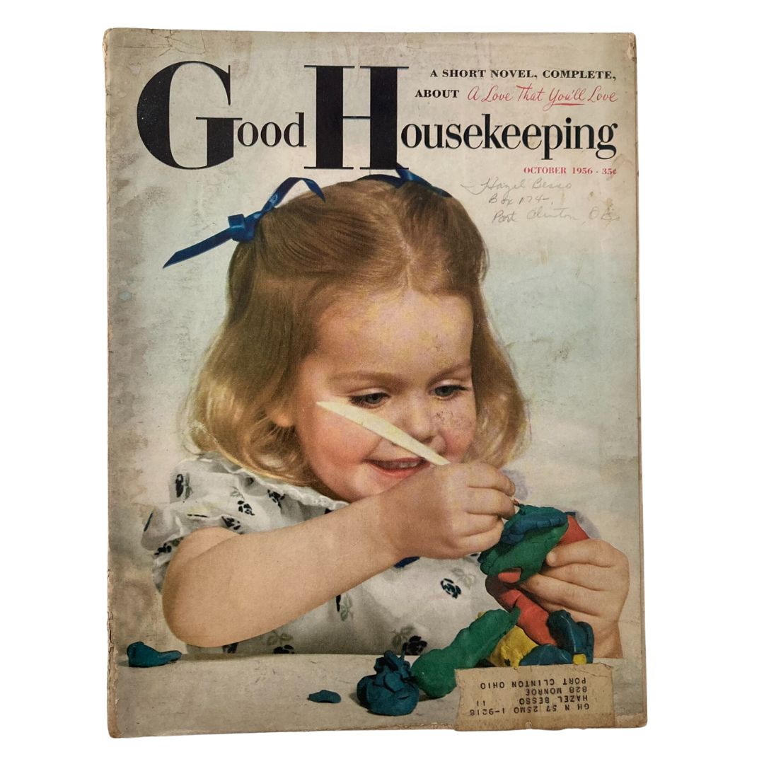 Cover of VTG Good Housekeeping Magazine October 1956 featuring a girl playing with clay and creating crafts, showcasing vintage design and an iconic illustration.