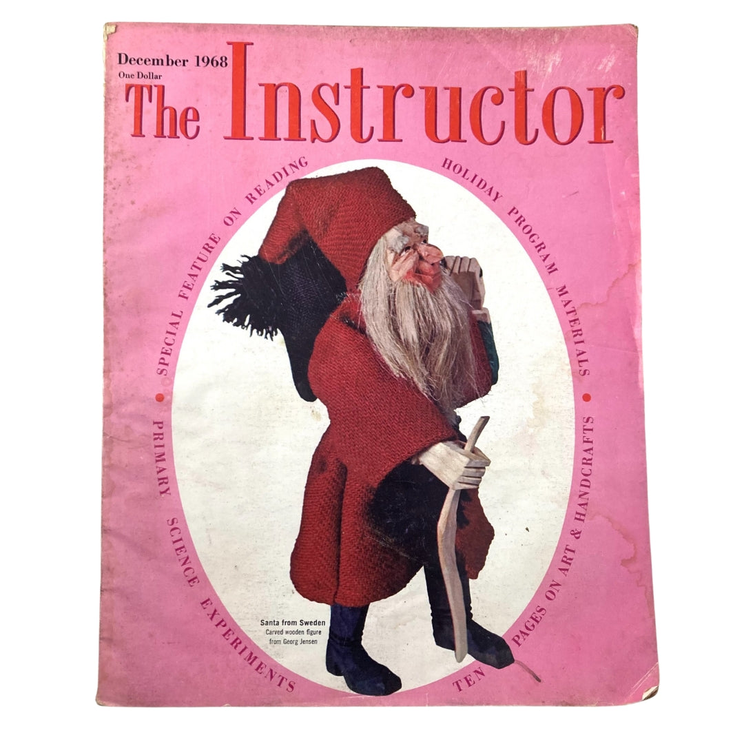 VTG Instructor Magazine December 1968 featuring Santa from Sweden, showcasing a vintage cover with a wooden Santa figure and a festive theme.
