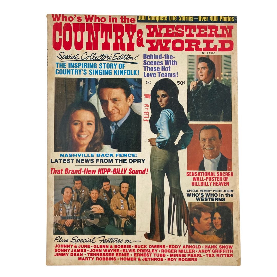 Cover of Who's Who in The Country & Western World Magazine 1970, featuring a collage of country music stars and highlighted articles about the genre.