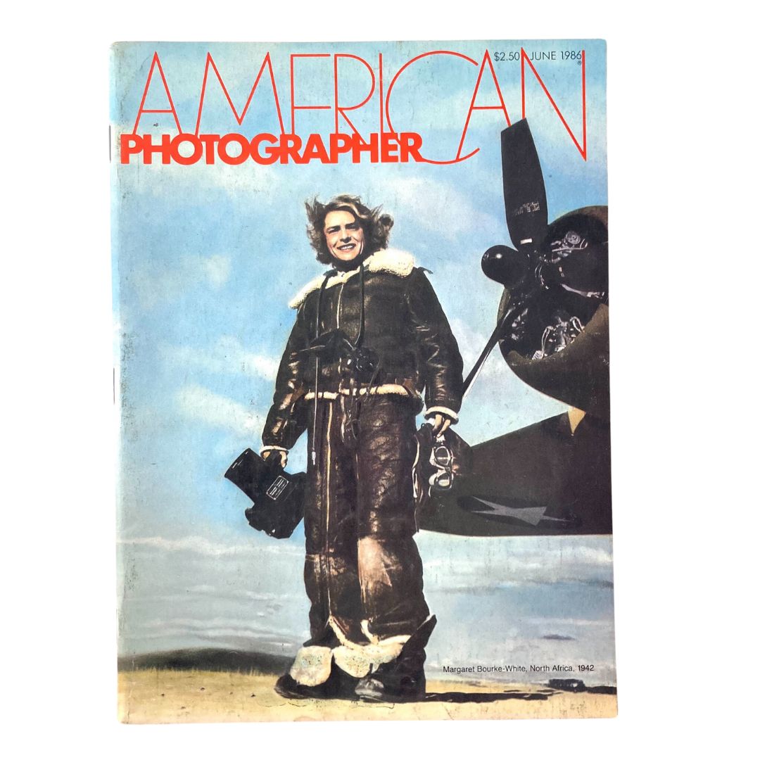 Cover of American Photographer Magazine June 1986 featuring Margaret Bourke-White, showcasing her iconic photograph of a woman in a pilot suit against a blue sky.