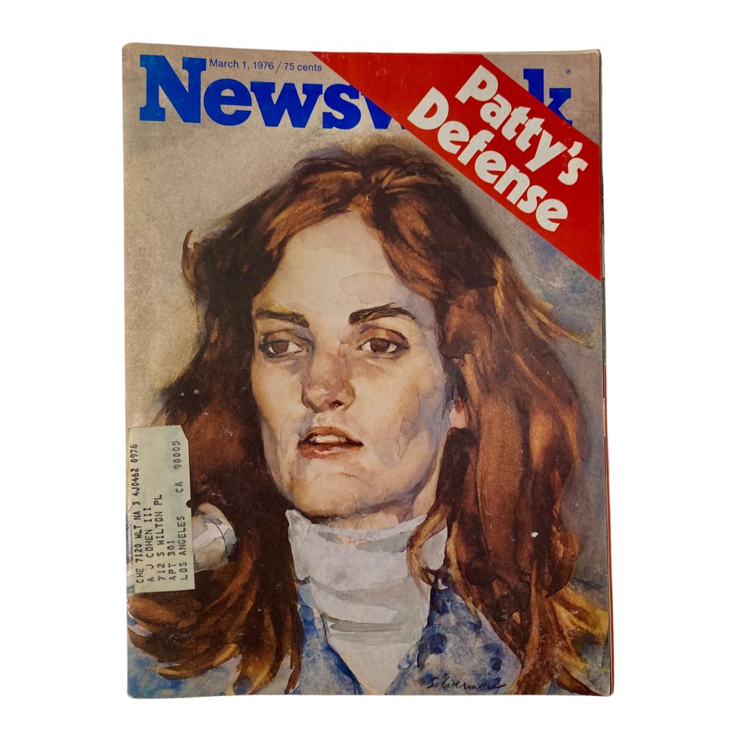 Cover of Newsweek Magazine from March 1, 1976, featuring Patty Hearst's Defense with SLA, showcasing a detailed painting of a young woman with long hair, highlighting historical context related to the Patty Hearst case.