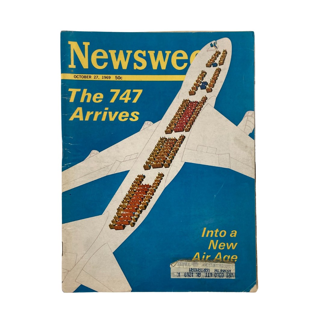 Cover of VTG Newsweek Magazine from October 27, 1969, featuring the headline 'The 747 Arrives Into A New Air Age' with a blue background and illustration of a Boeing 747.