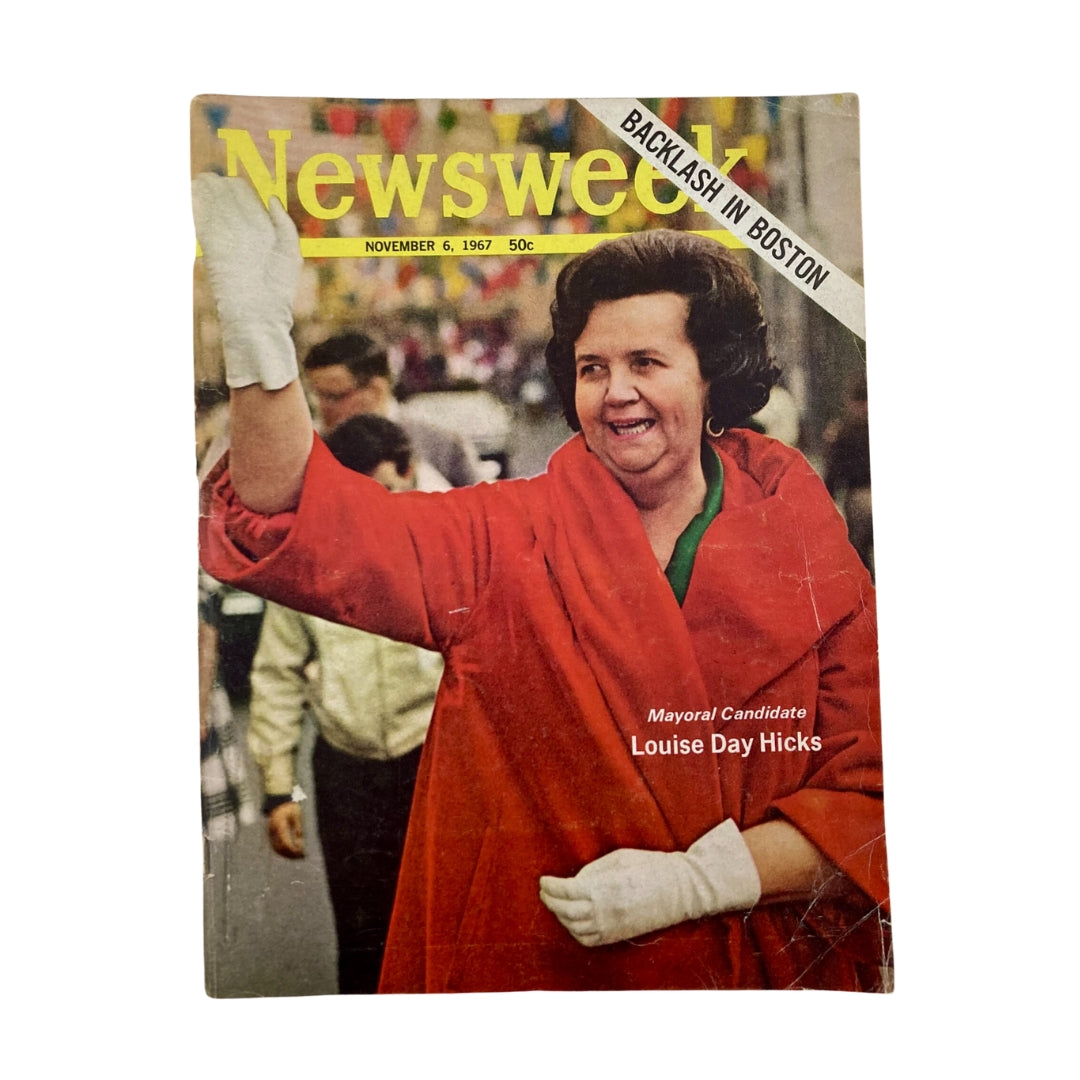 VTG Newsweek Magazine November 6 1967 featuring Louise Day Hicks on the cover, depicting her at a public event with an enthusiastic expression and wearing a red outfit.