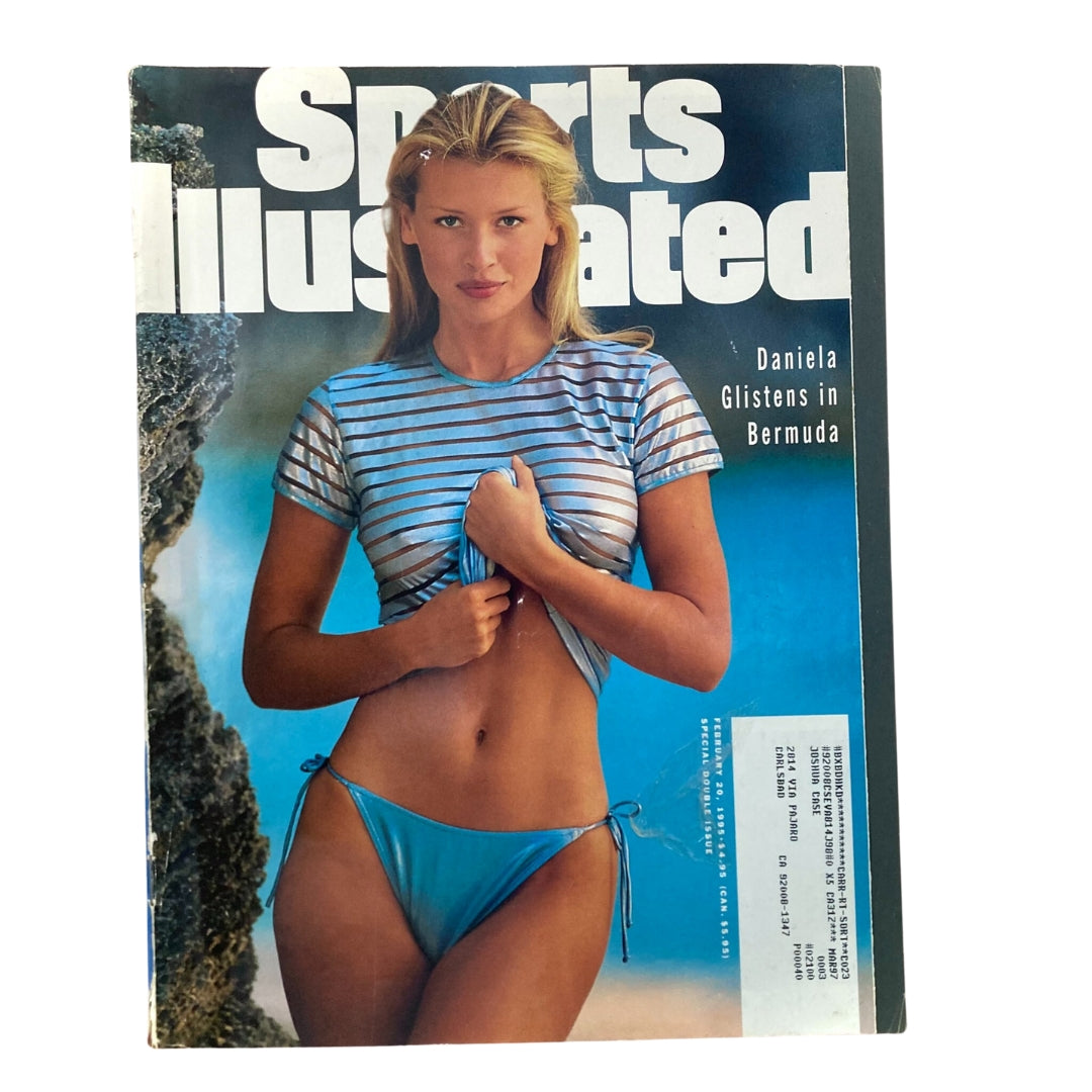 Cover of Sports Illustrated Magazine from February 20, 1995, featuring a captivating image of a model in a stylish striped top and a blue bikini, embodying the essence of allure against a Bermuda backdrop.