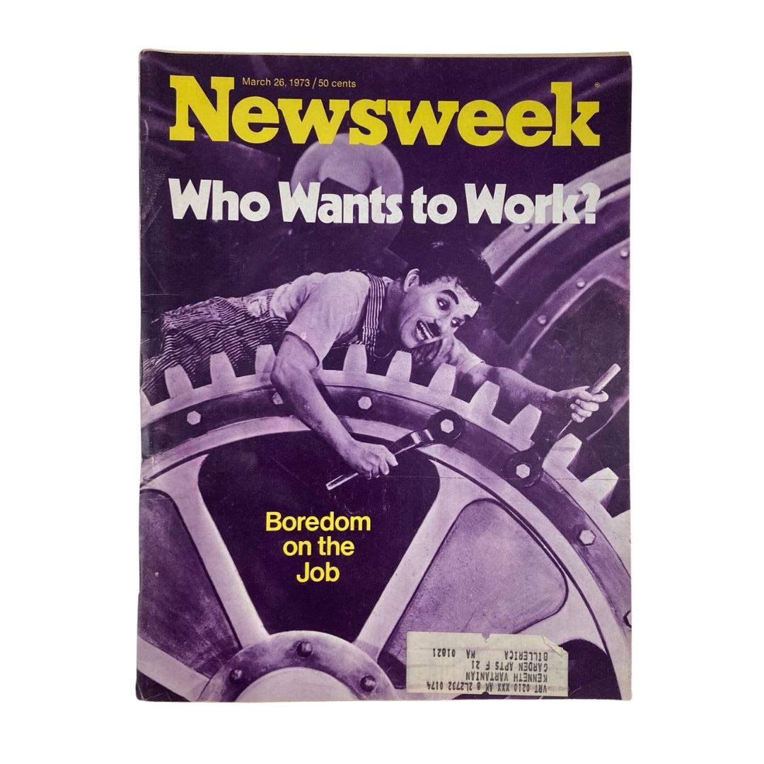 Vintage Newsweek Magazine cover from March 26, 1973, titled 'Who Wants to Work? Boredom on the Job', featuring a dynamic illustration of a comic character with a wrench against a backdrop of large gear machinery.