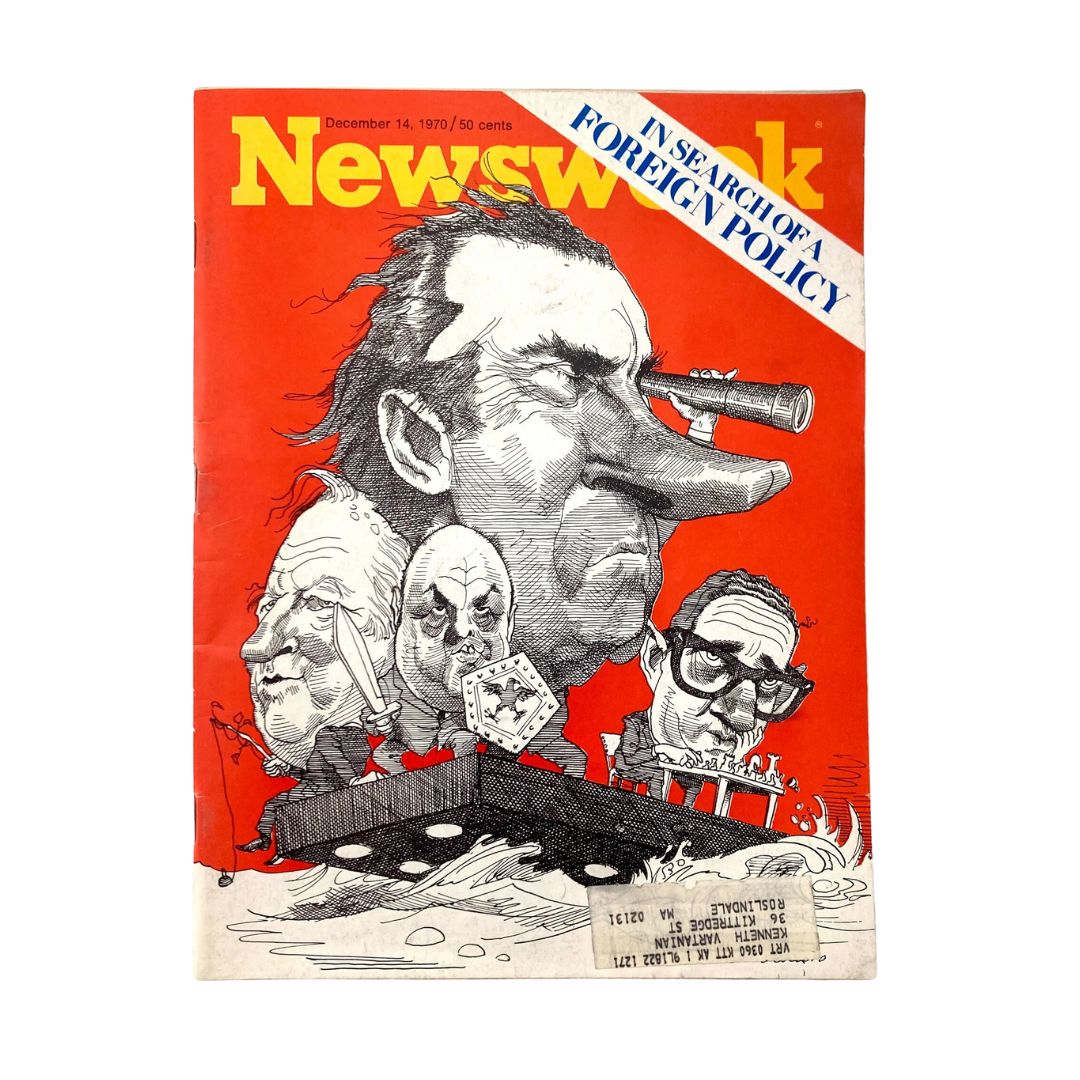 Cover of VTG Newsweek Magazine dated December 14, 1970, featuring a caricature of Richard Nixon, a commentary on foreign policy, and other historical political figures.