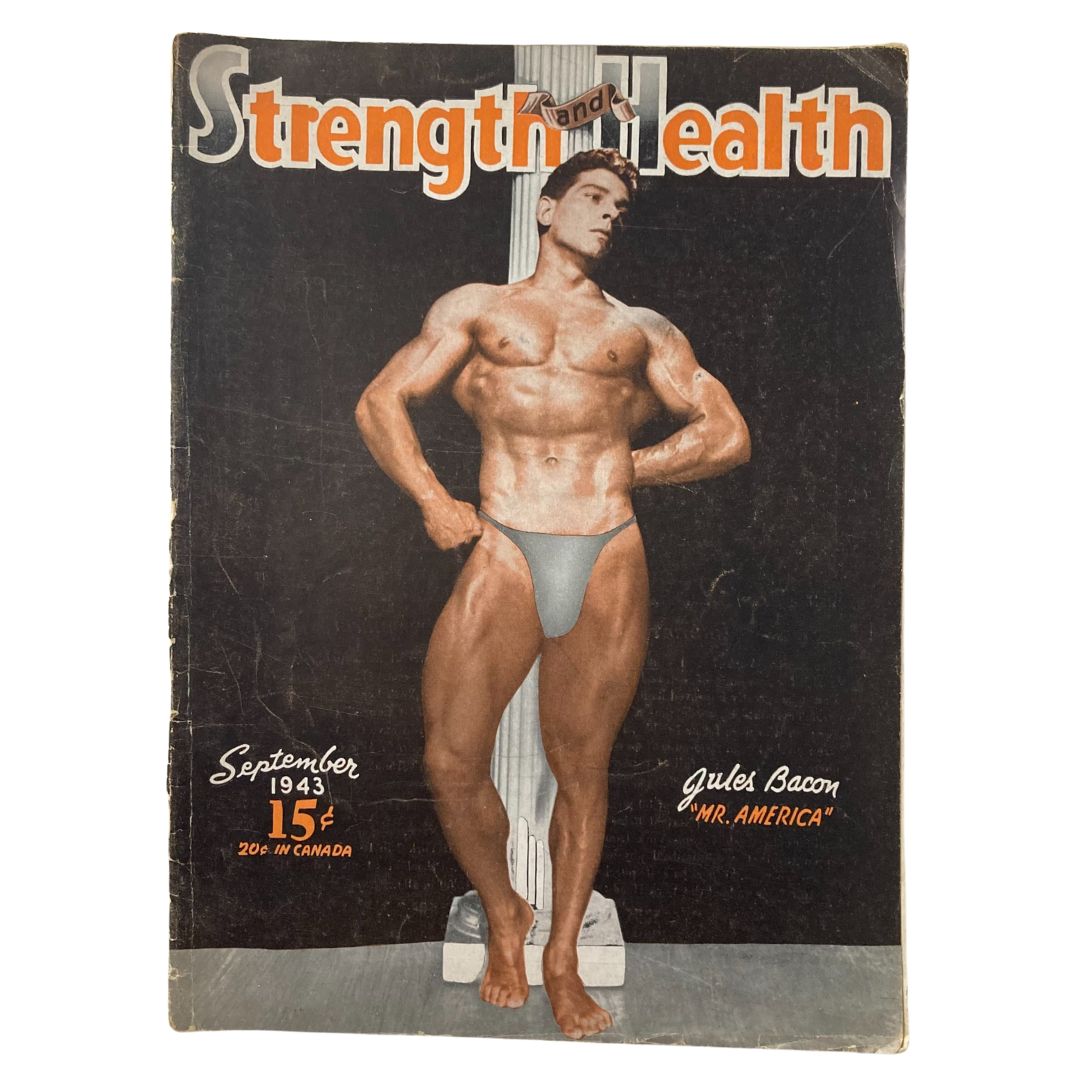 Vintage Strength & Health Magazine from September 1943 featuring Jules Bacon, Mr. America on the cover, showcasing fitness culture in the 1940s.