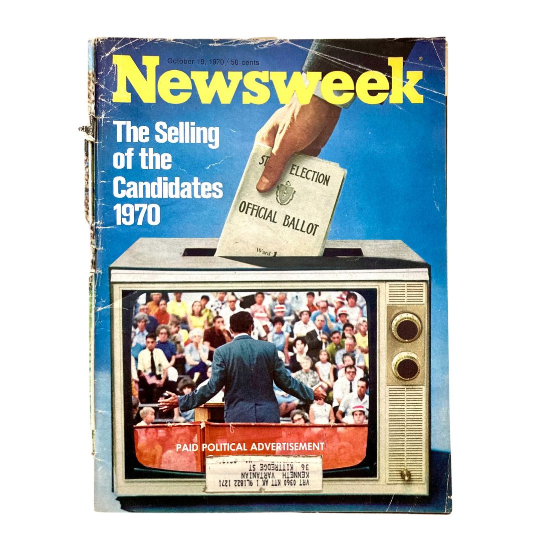 VTG Newsweek Magazine October 19 1970 cover featuring 'The Selling of the Candidates' with an image of a hand inserting an official ballot into a television set.