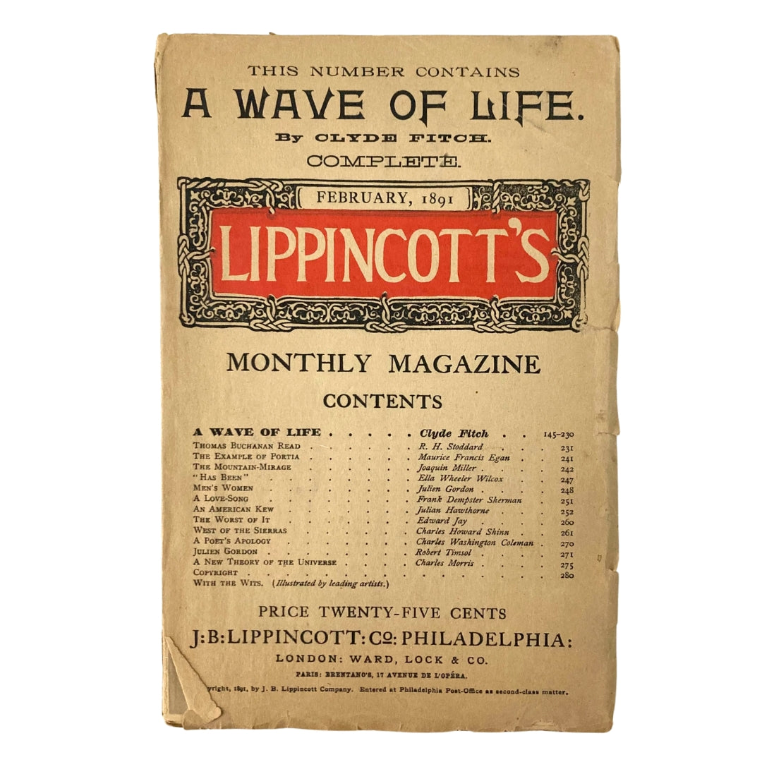 Lippincott's Magazine February 1891 A Wave of Life by Clyde Fitch No Label