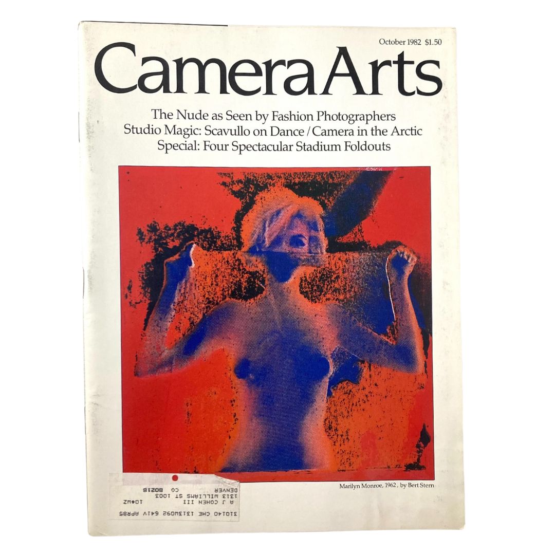 Cover of VTG Camera Arts Magazine from October 1982 featuring a striking artistic representation of Marilyn Monroe, 1962 by Bert Stern. The vibrant design highlights themes of fashion photography and nostalgia for classic cinema.