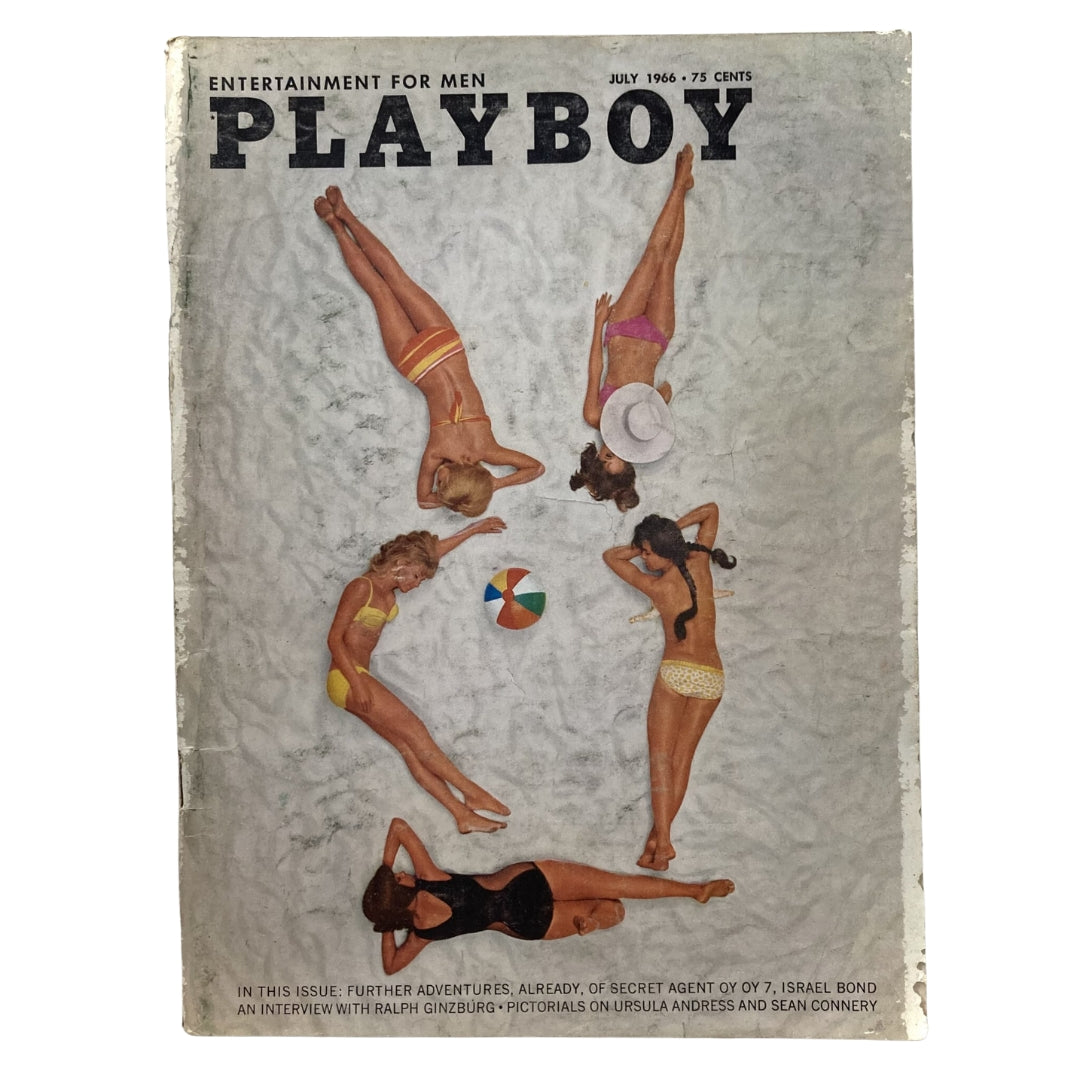 VTG Playboy Magazine July 1966 Cover featuring multiple models on a beach, showcasing vintage swimwear, a centerpiece ball, and the magazine's title prominently displayed.