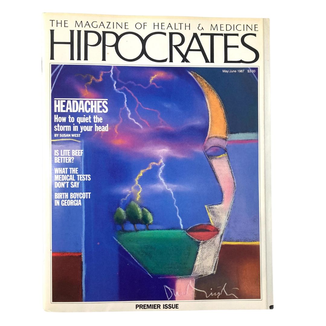Cover image of Hippocrates: The Magazine of Health & Medicine, May 1987, featuring a colorful illustration depicting a human head with a storm scene, highlighting the article on headaches. The cover includes titles such as 'How to quiet the storm in your head' and additional topics related to health.