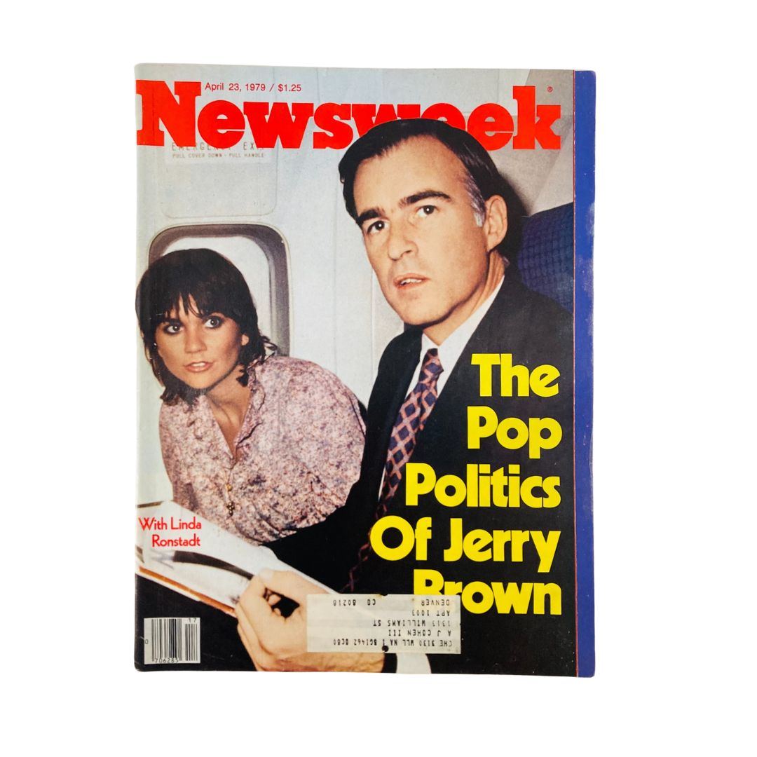 Vintage Newsweek Magazine cover from April 23, 1979 featuring Jerry Brown and Linda Ronstadt, titled 'The Pop Politics Of Jerry Brown'.